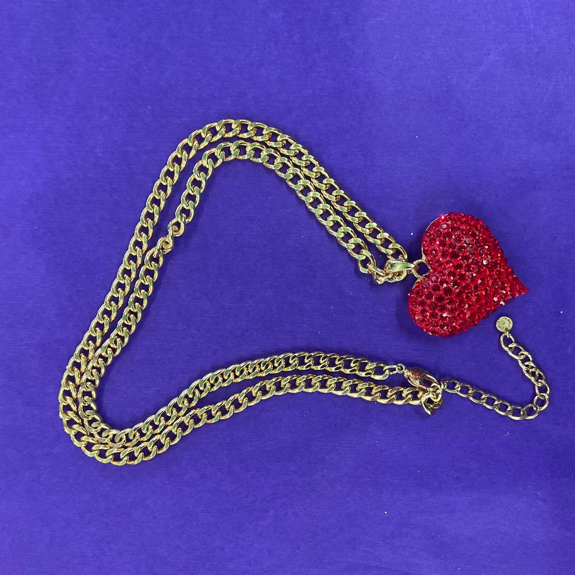 Vintage Butler and Wilson Red Crystal Heart Long Pendant, Gold Tone with Rhinestone Crystals and Curb Chain