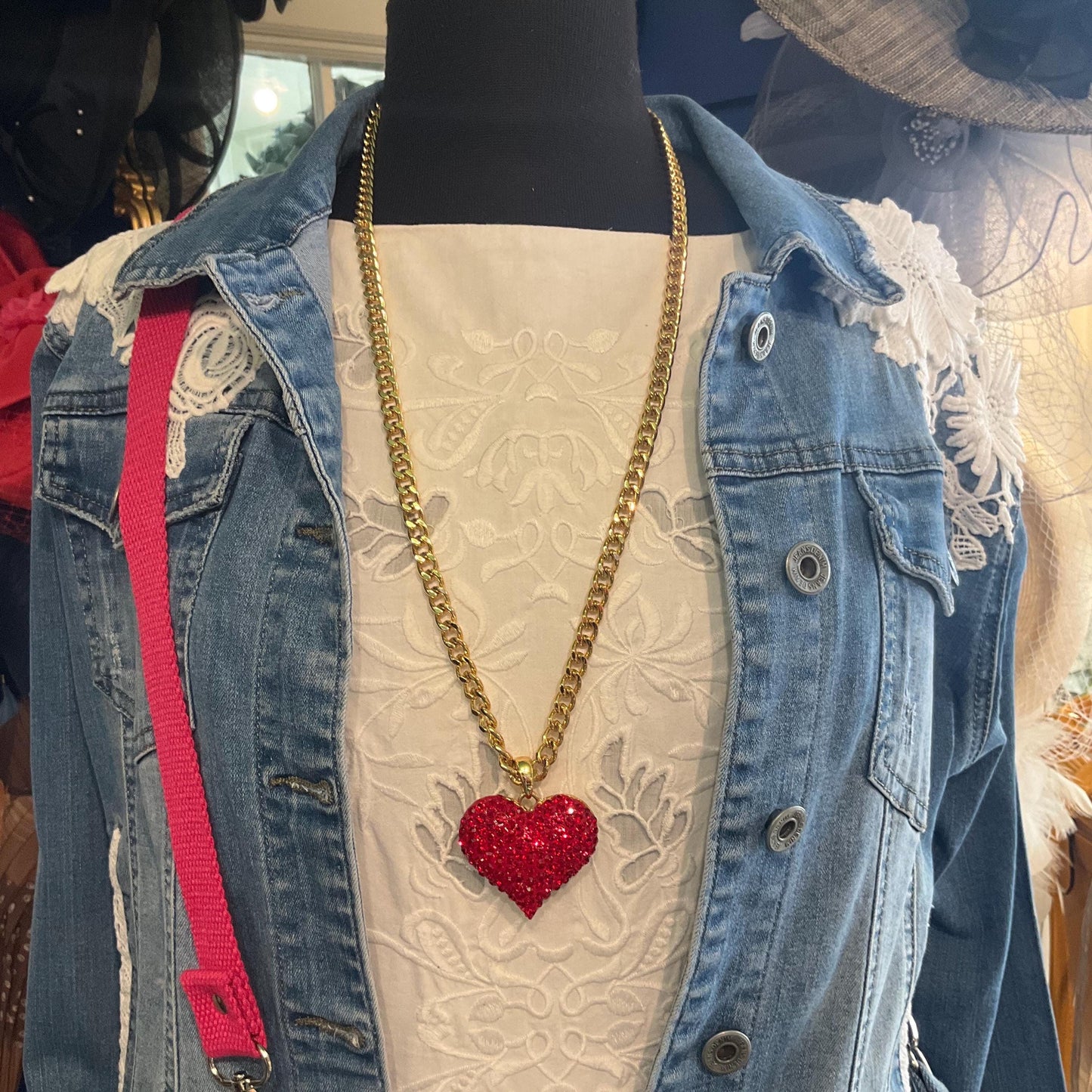 Vintage Butler and Wilson Red Crystal Heart Long Pendant, Gold Tone with Rhinestone Crystals and Curb Chain