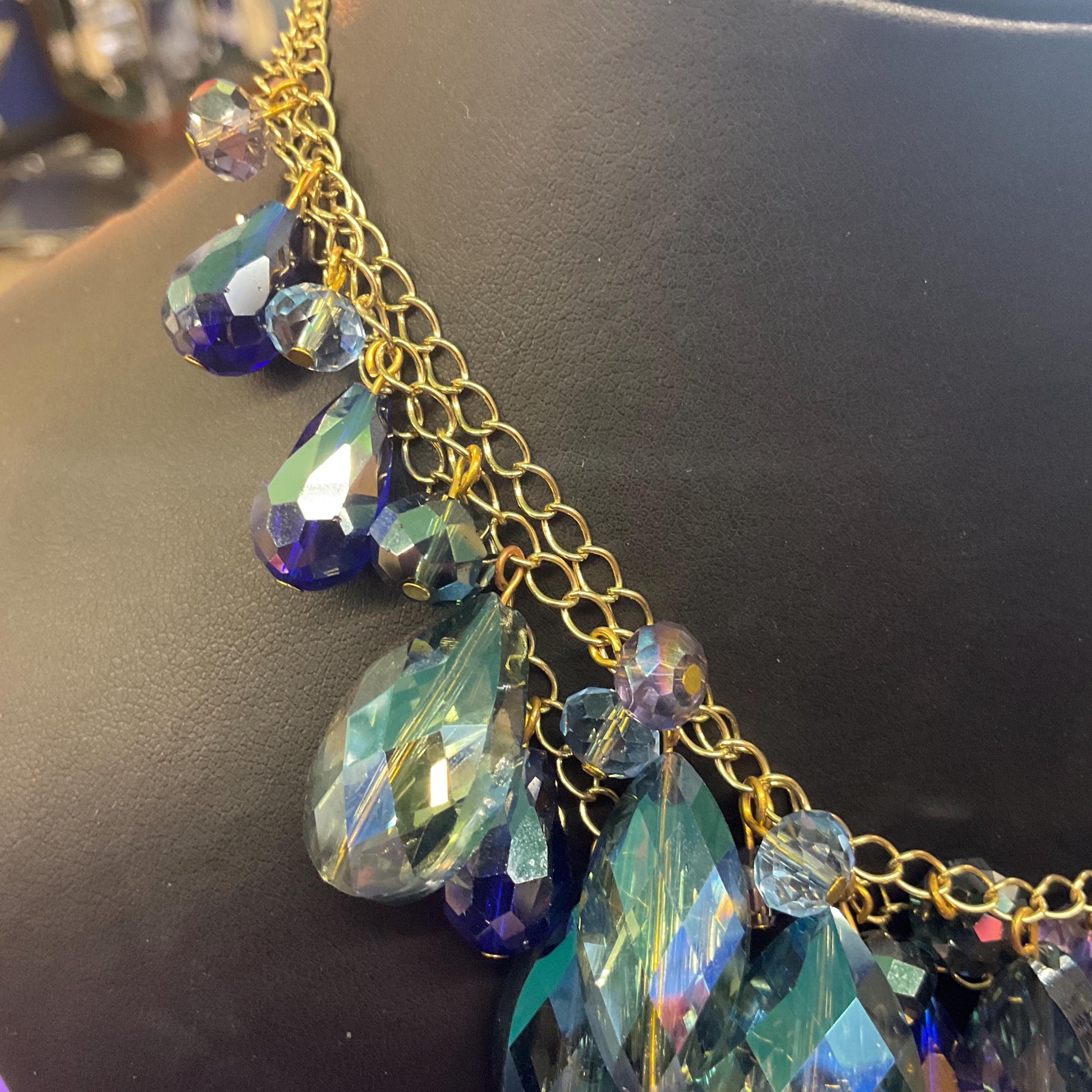 Vintage Butler and Wilson Bohemian Crystal and Fresh Water Pearl Floral Y Drop Tassled Necklace with Blue and Pink Crystal and Ivory Pearls