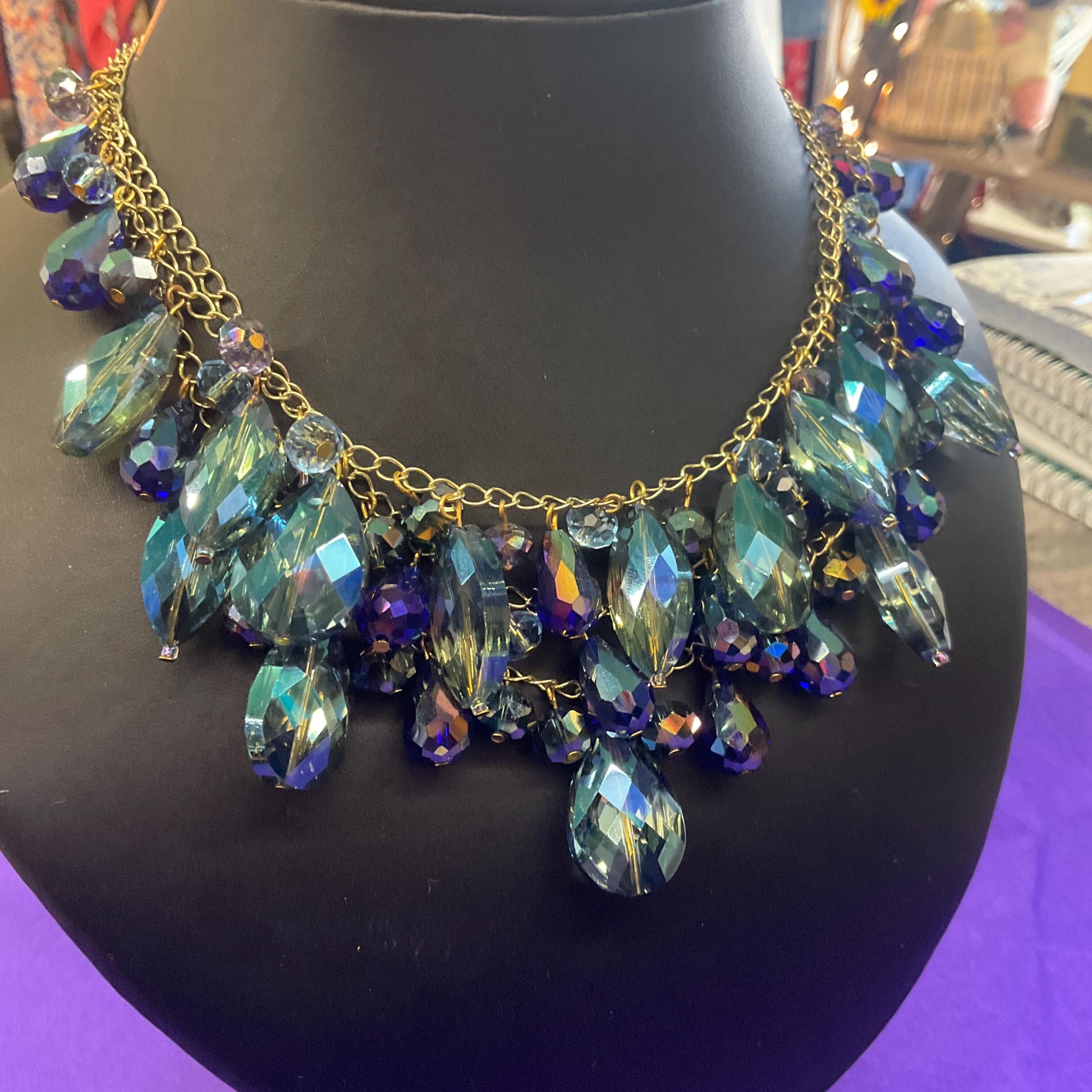 Vintage Butler and Wilson Bohemian Crystal and Fresh Water Pearl Floral Y Drop Tassled Necklace with Blue and Pink Crystal and Ivory Pearls