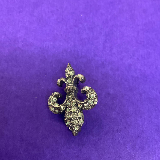 Vintage Butler and Wilson Small Fleur De Lys Brooch, Dark Pewter Tone with Silver Crystals