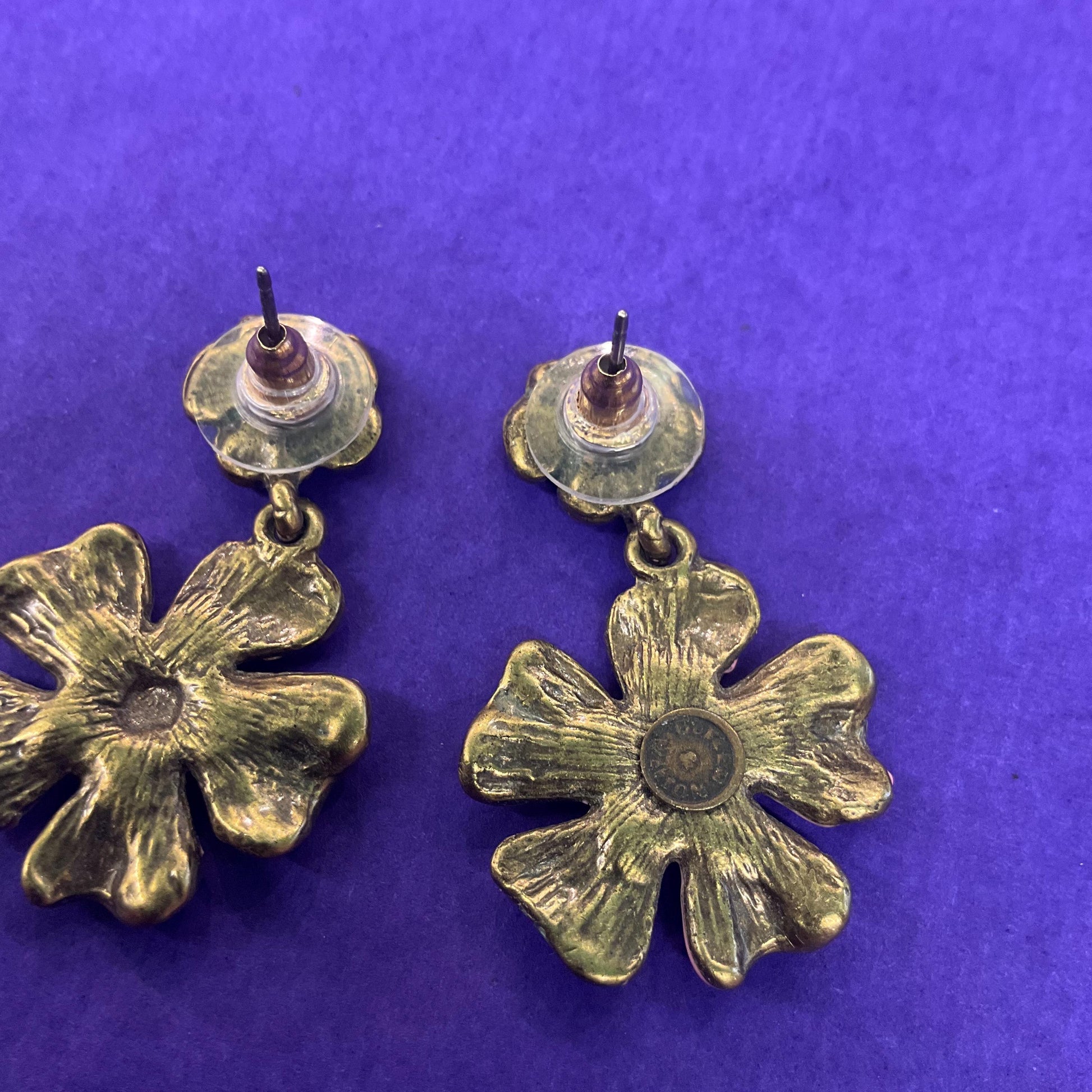 Vintage Butler and Wilson Pink and Purple Crystal Flower Drop Earrings, Old Gold Tone Metal with Enamel and Ombre Rhinestones