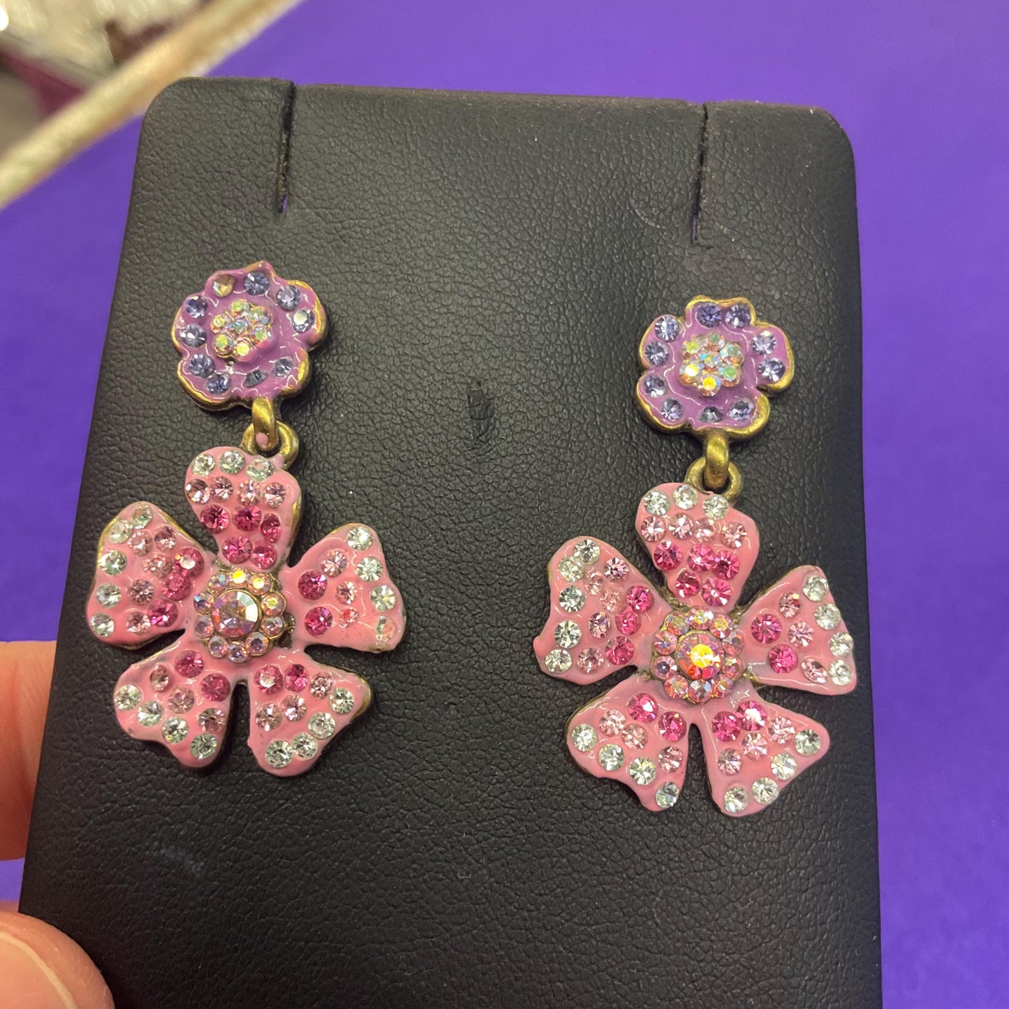Vintage Butler and Wilson Pink and Purple Crystal Flower Drop Earrings, Old Gold Tone Metal with Enamel and Ombre Rhinestones