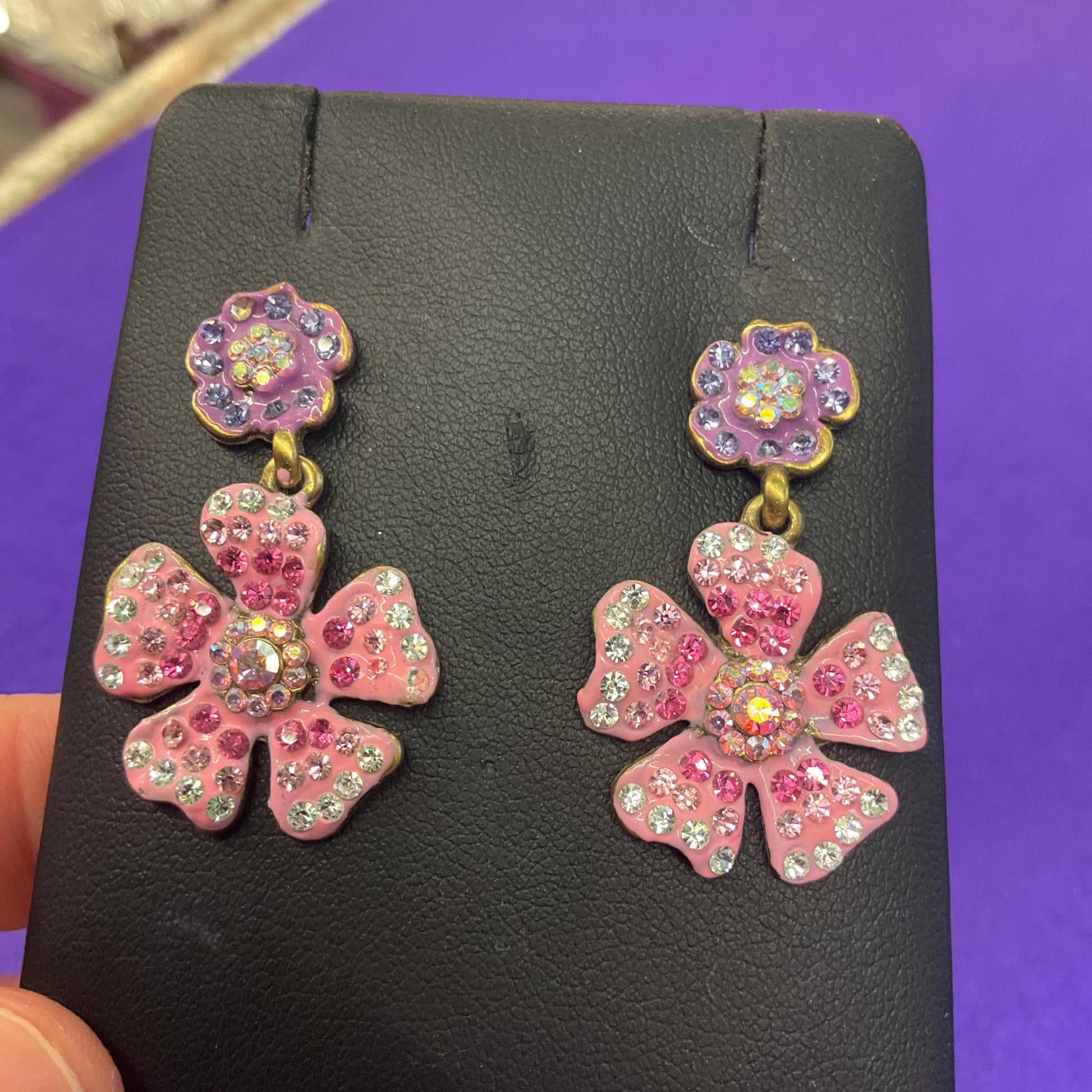 Vintage Butler and Wilson Pink and Purple Crystal Flower Drop Earrings, Old Gold Tone Metal with Enamel and Ombre Rhinestones