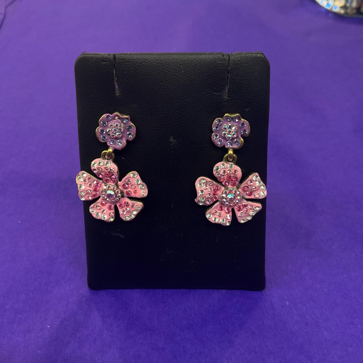 Vintage Butler and Wilson Pink and Purple Crystal Flower Drop Earrings, Old Gold Tone Metal with Enamel and Ombre Rhinestones