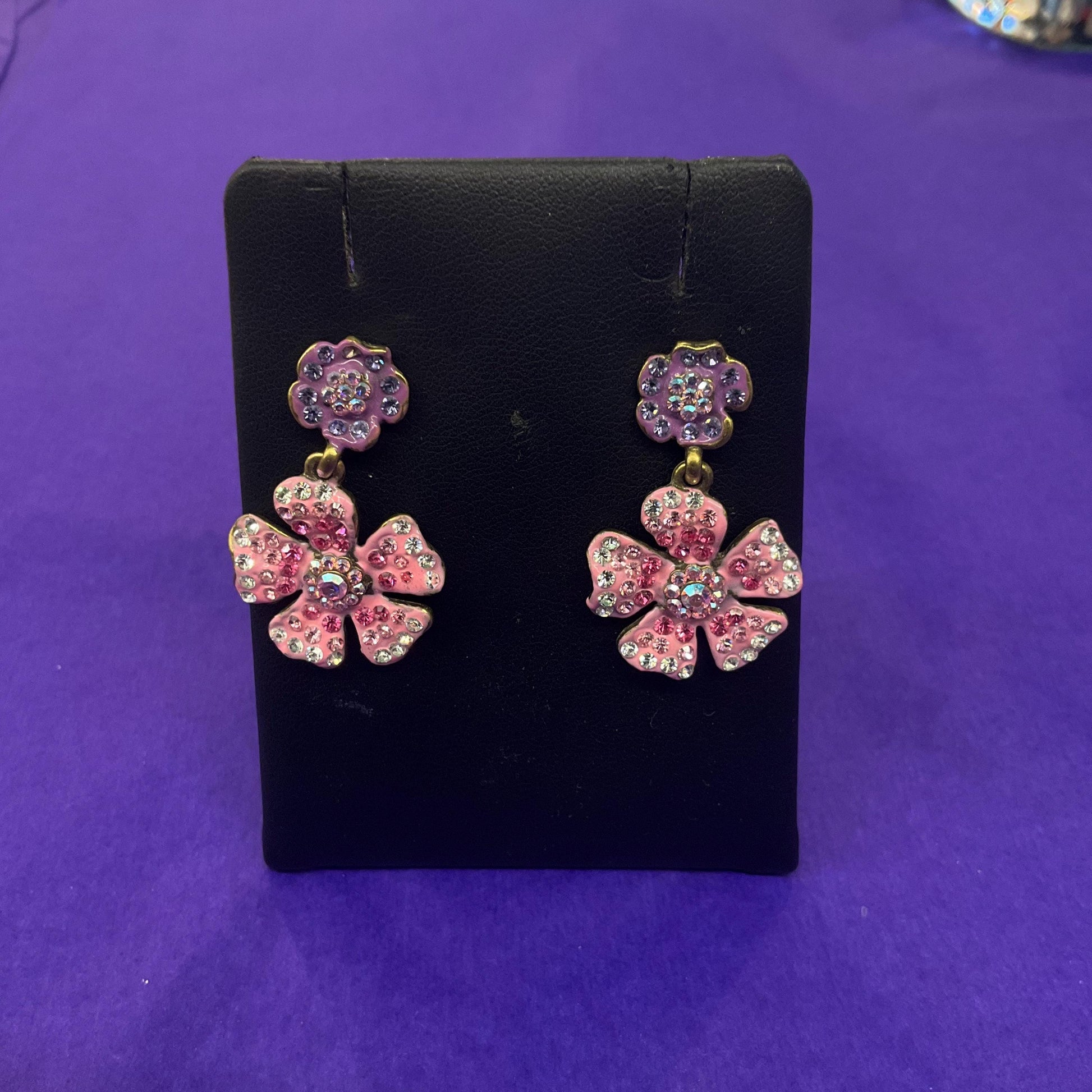 Vintage Butler and Wilson Pink and Purple Crystal Flower Drop Earrings, Old Gold Tone Metal with Enamel and Ombre Rhinestones