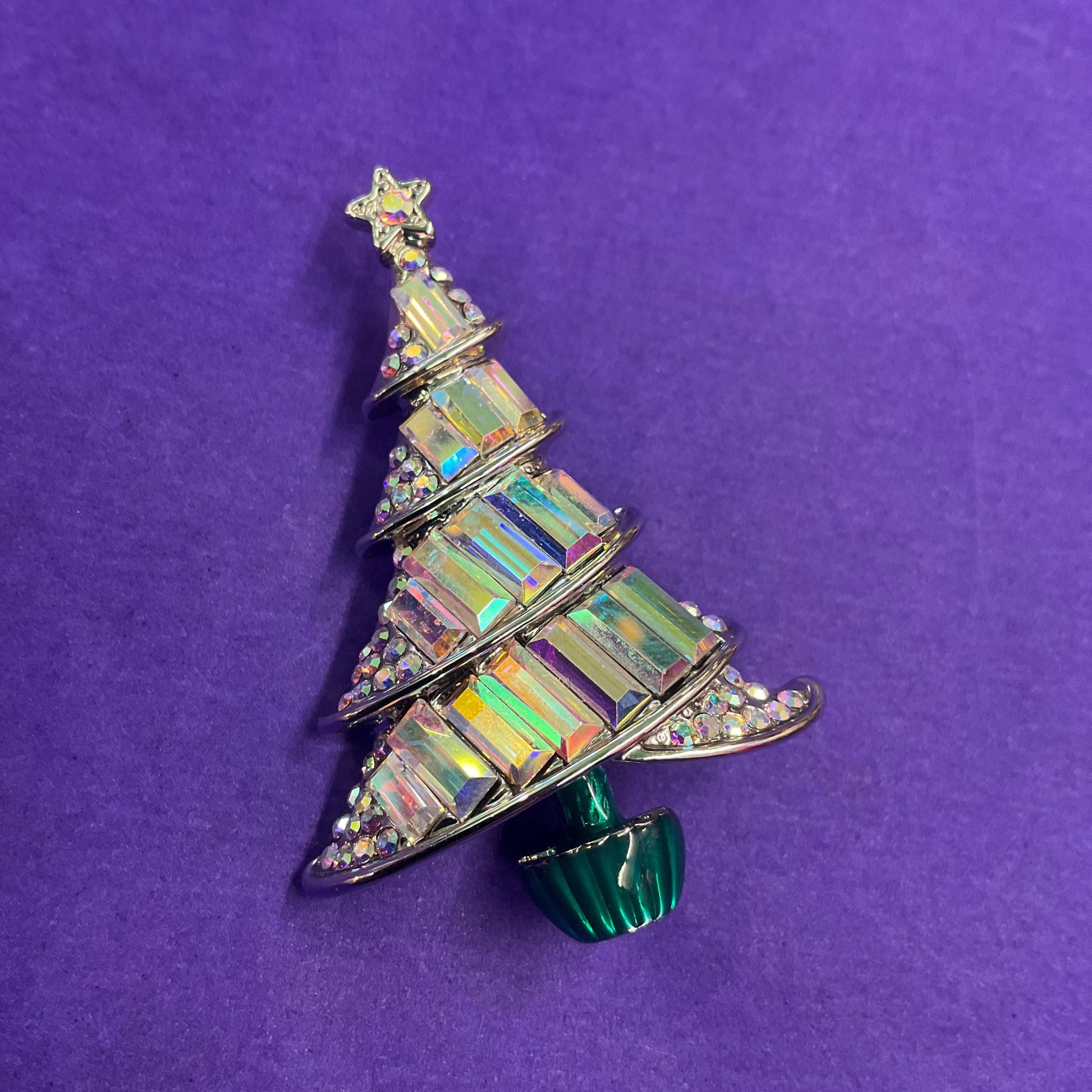 Vintage Butler and Wilson Festive Crystal Christmas Tree Brooch, uproar Borealis Baguette Crystals and Rhinestones