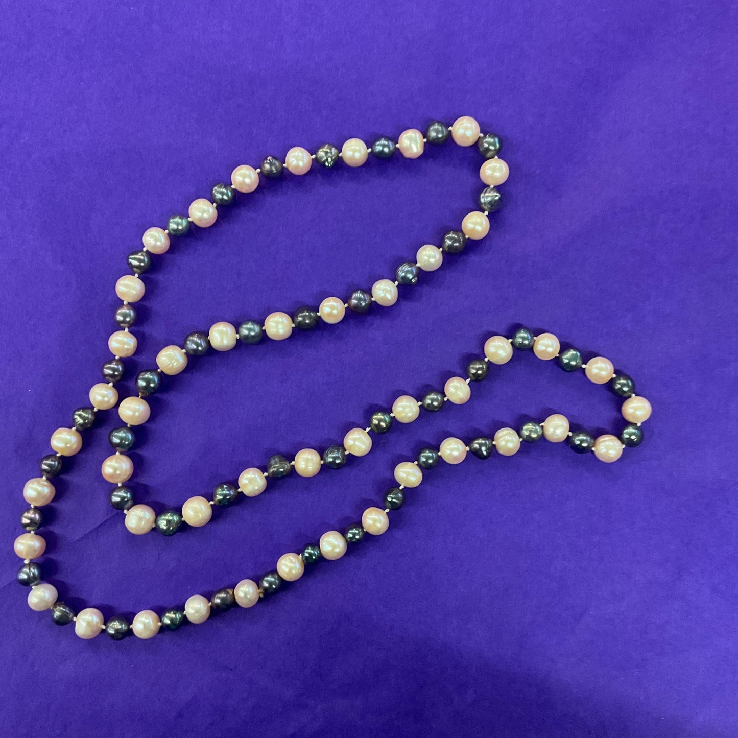 Vintage Opera Length Fresh Water Pearl Handknotted Necklace, Oyster and Peacock Coloured Organic Pearls