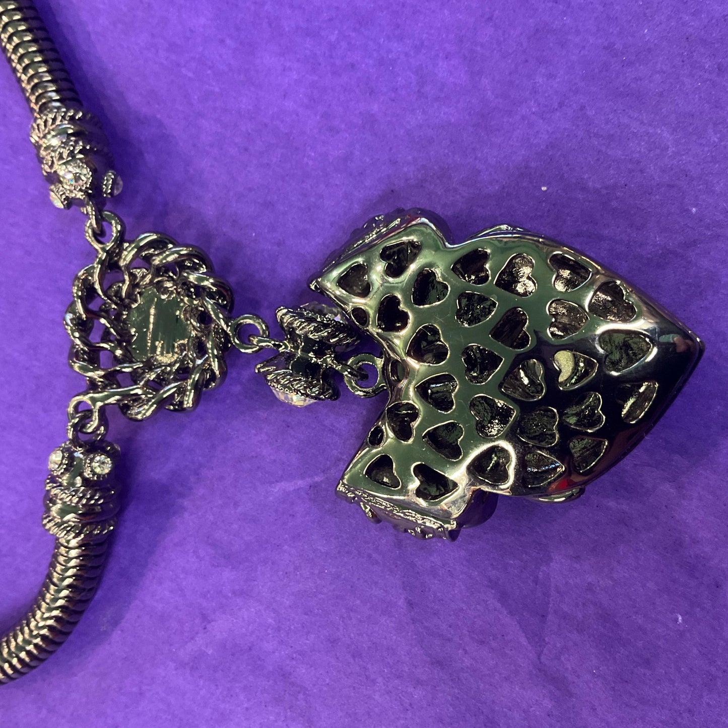 Vintage Butler and Wilson Dark Pewter Crystal Heart and Bow Necklace