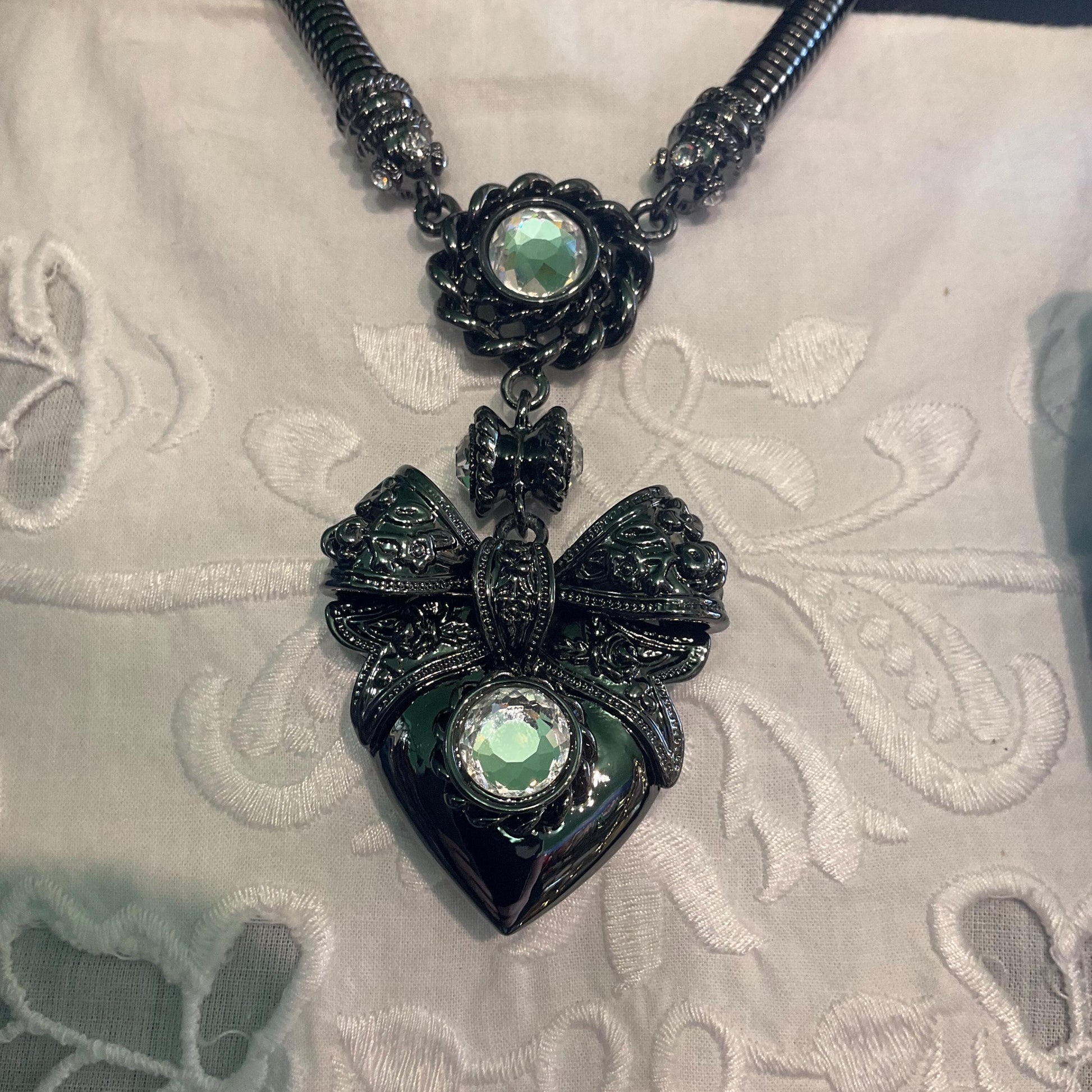 Vintage Butler and Wilson Dark Pewter Crystal Heart and Bow Necklace