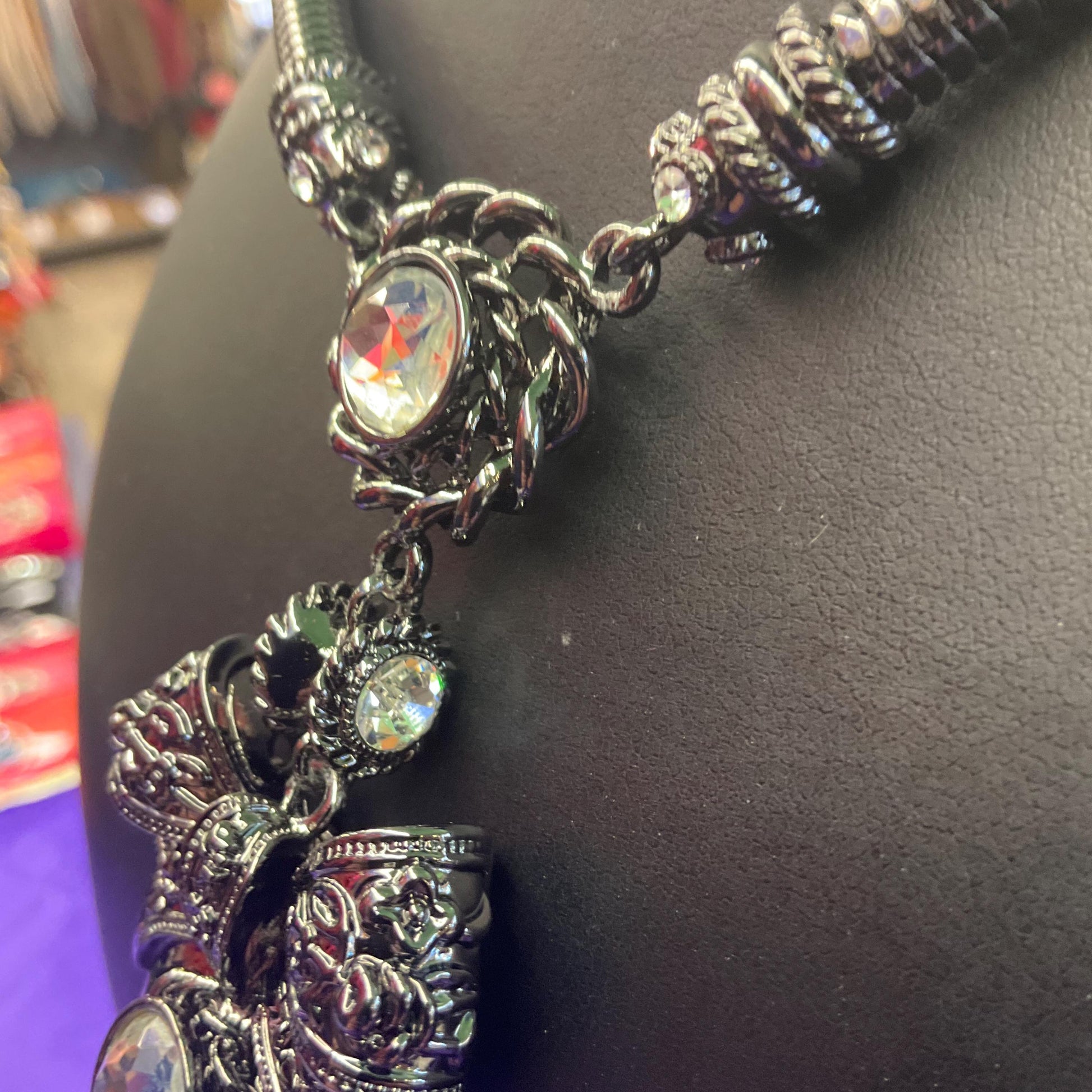 Vintage Butler and Wilson Dark Pewter Crystal Heart and Bow Necklace
