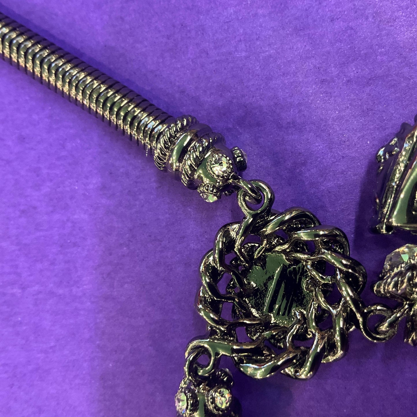 Vintage Butler and Wilson Dark Pewter Crystal Heart and Bow Necklace