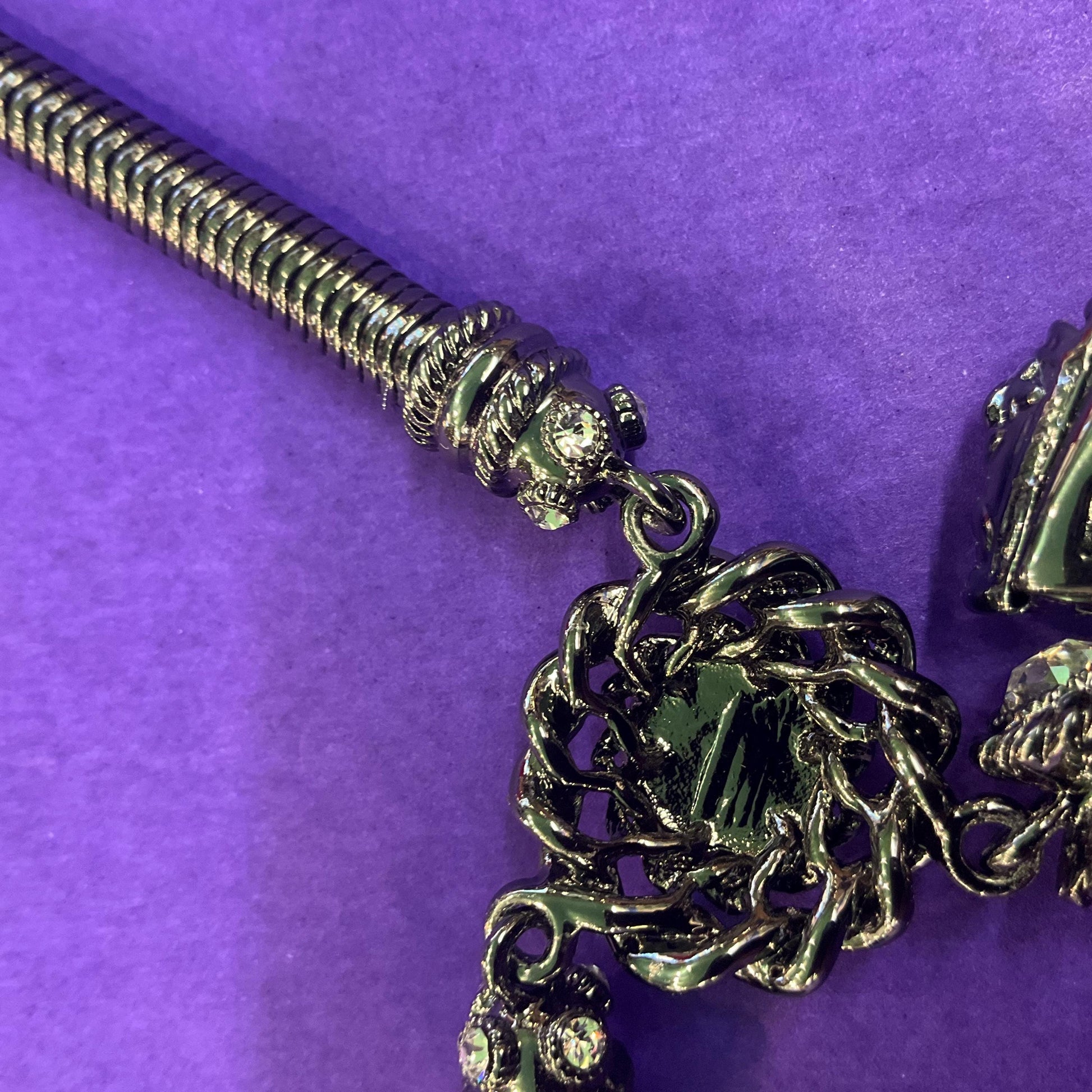 Vintage Butler and Wilson Dark Pewter Crystal Heart and Bow Necklace