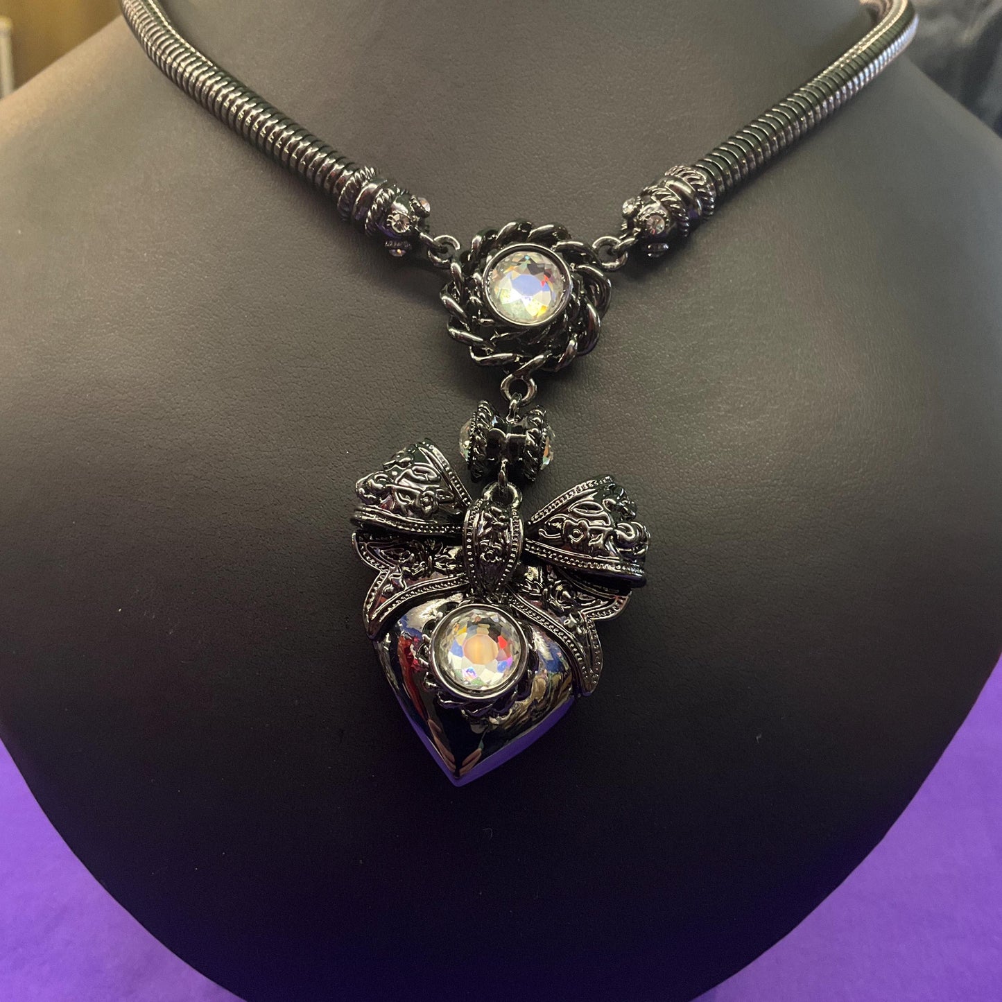 Vintage Butler and Wilson Dark Pewter Crystal Heart and Bow Necklace