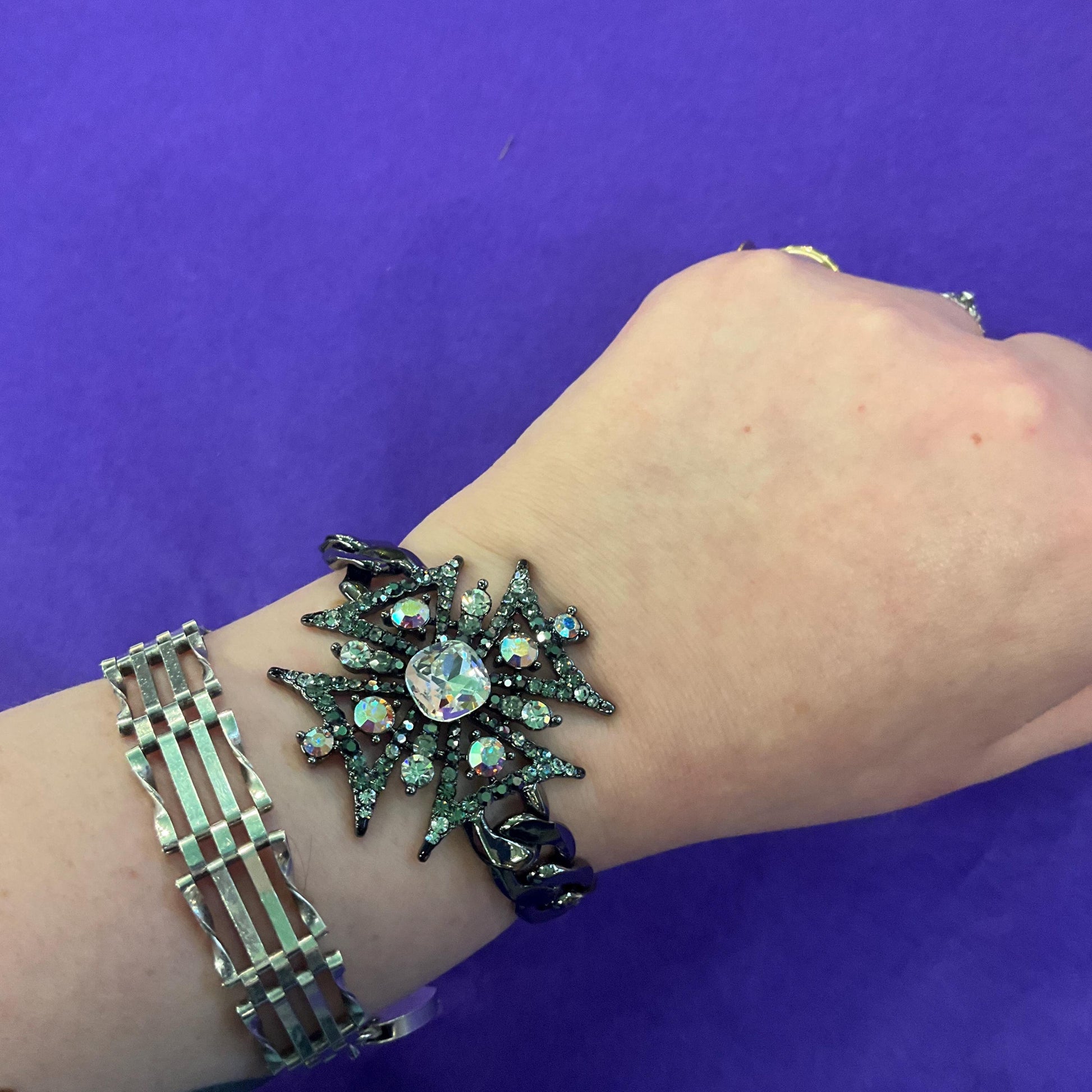 Vintage Butler and Wilson Crystal Gothic Stylised Cross Chain Bracelet, Dark Pewter Tone with Silver and Aurora Borealis Crystals
