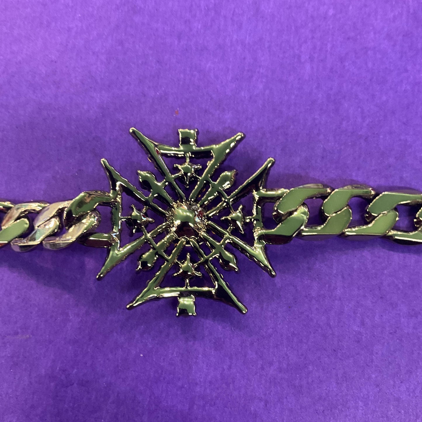Vintage Butler and Wilson Crystal Gothic Stylised Cross Chain Bracelet, Dark Pewter Tone with Silver and Aurora Borealis Crystals