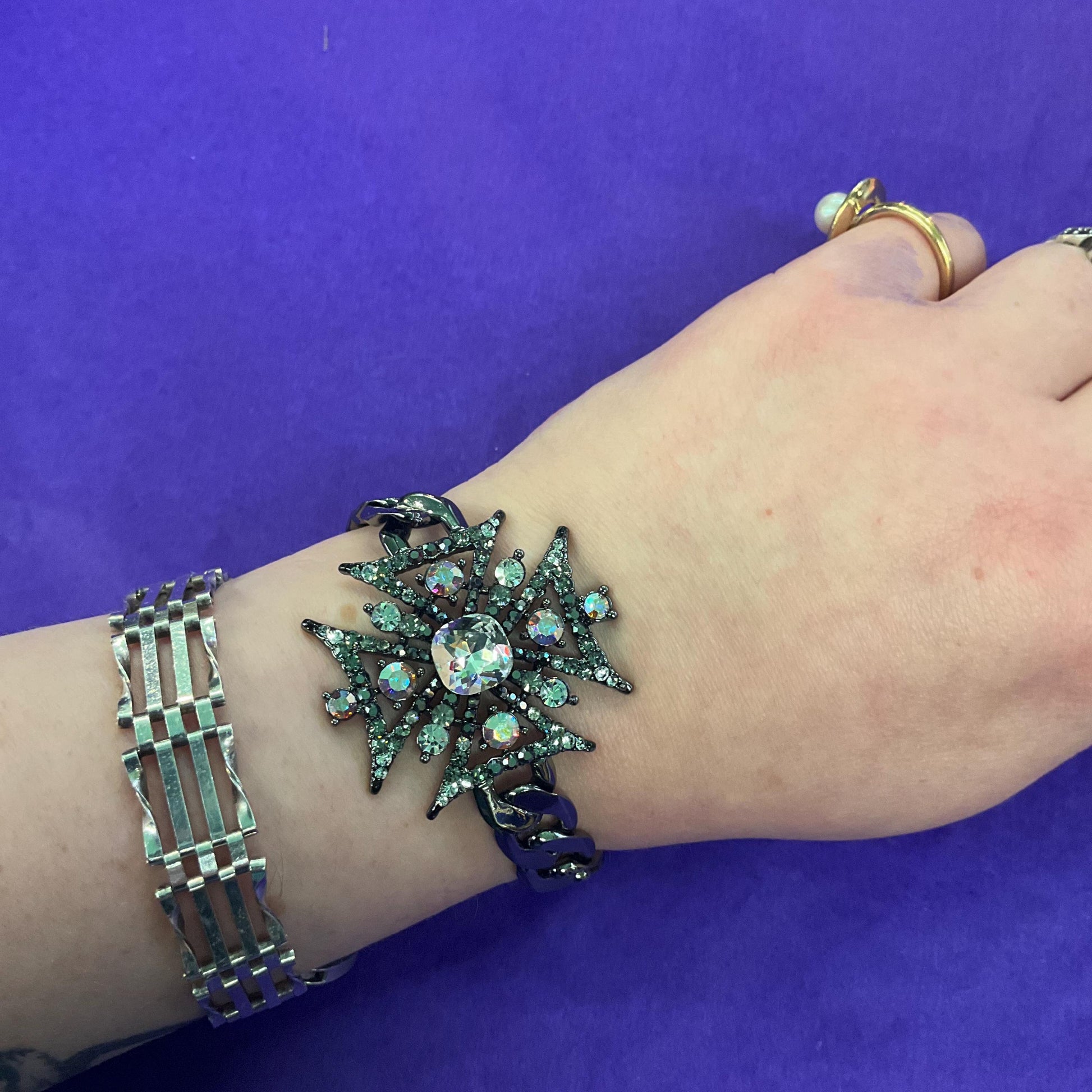 Vintage Butler and Wilson Crystal Gothic Stylised Cross Chain Bracelet, Dark Pewter Tone with Silver and Aurora Borealis Crystals