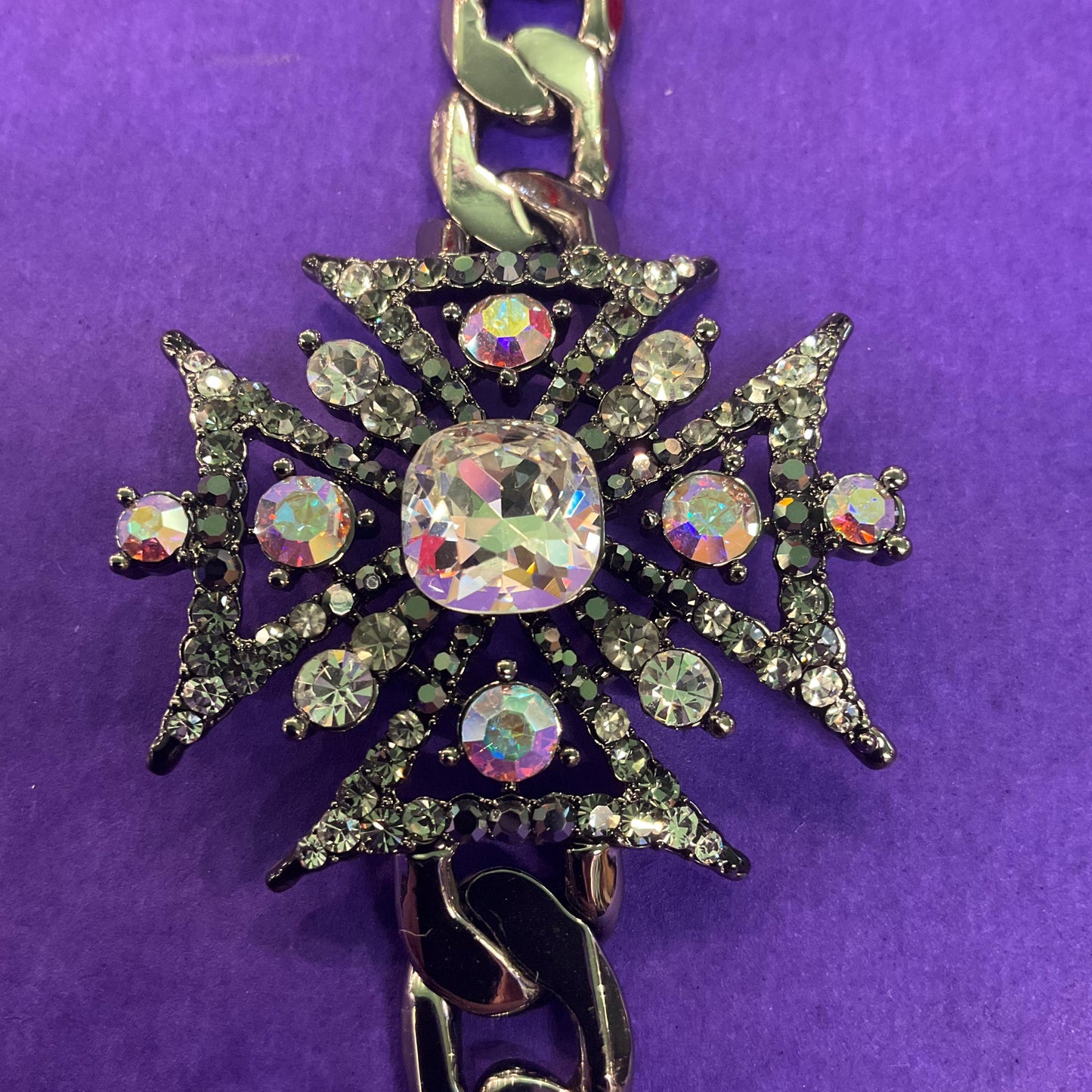 Vintage Butler and Wilson Crystal Gothic Stylised Cross Chain Bracelet, Dark Pewter Tone with Silver and Aurora Borealis Crystals
