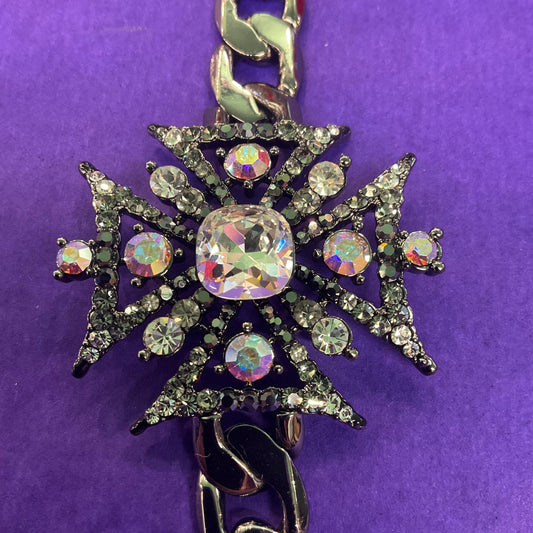 Vintage Butler and Wilson Crystal Gothic Stylised Cross Chain Bracelet, Dark Pewter Tone with Silver and Aurora Borealis Crystals