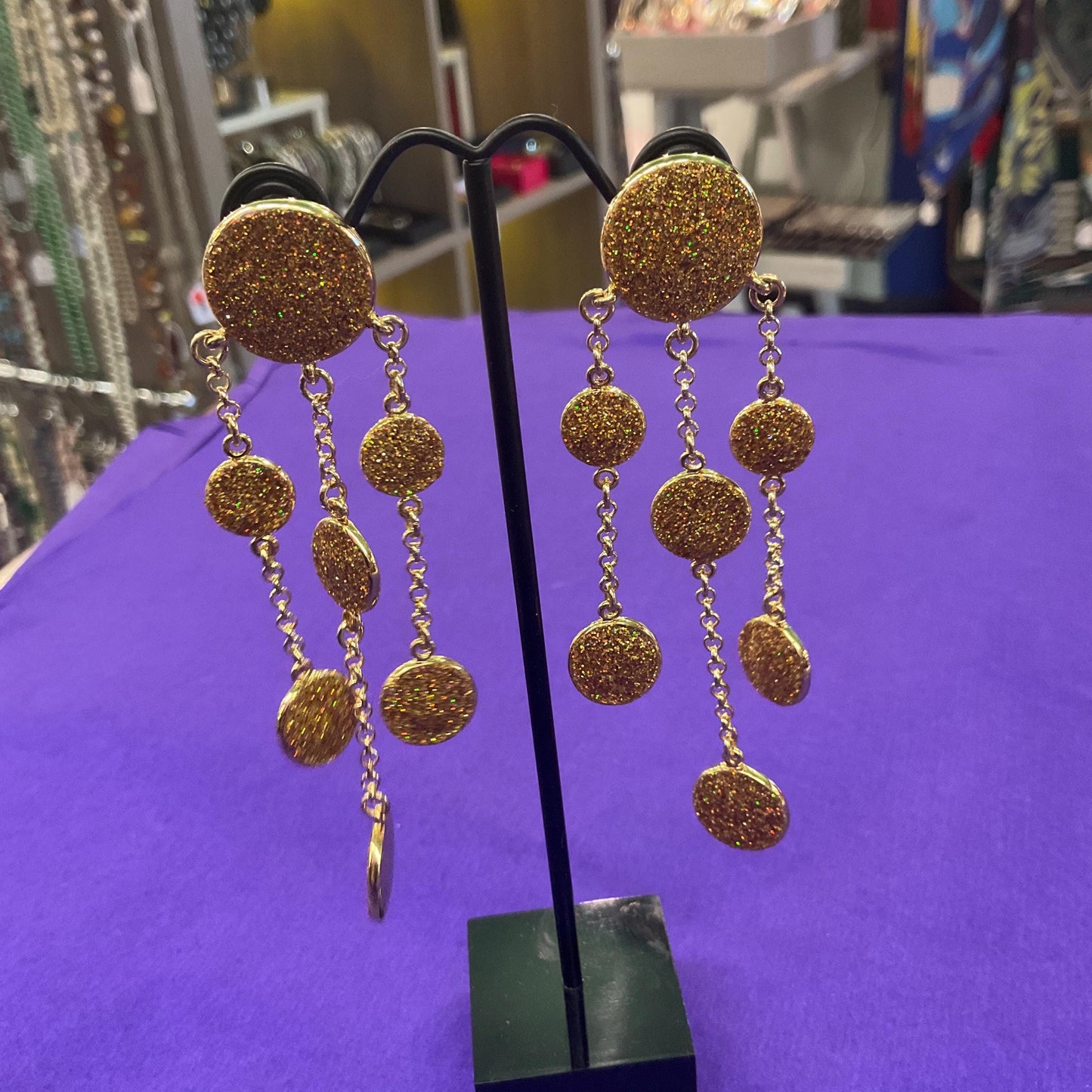 Vintage Butler and Wilson Gold Crystal Glitter Chandelier Drop Earrings, Gold Tone with Borealis Gold Glitter Enamel