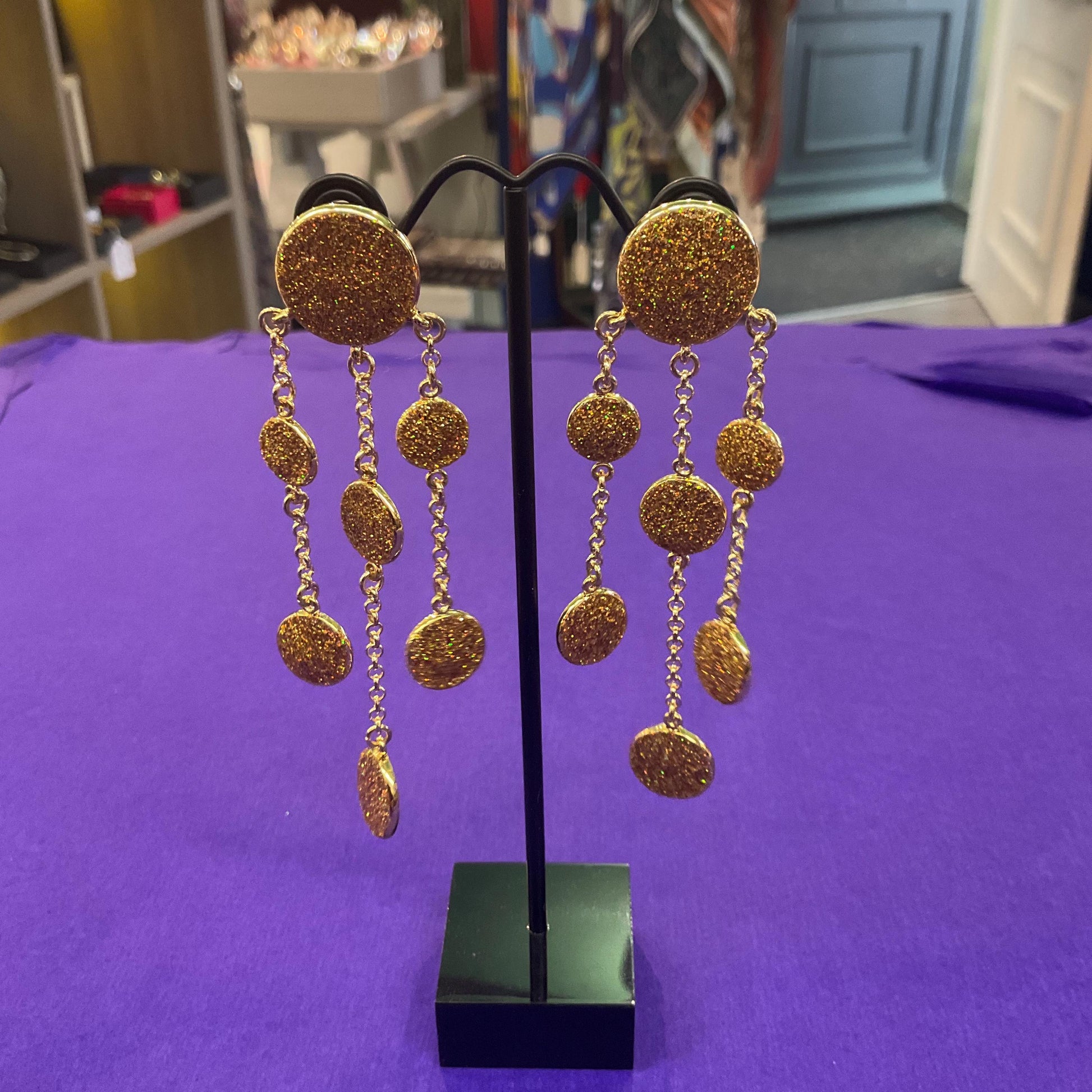Vintage Butler and Wilson Gold Crystal Glitter Chandelier Drop Earrings, Gold Tone with Borealis Gold Glitter Enamel