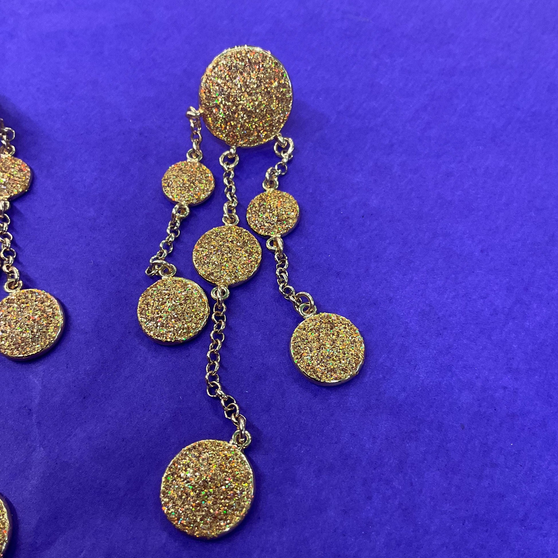 Vintage Butler and Wilson Gold Crystal Glitter Chandelier Drop Earrings, Gold Tone with Borealis Gold Glitter Enamel
