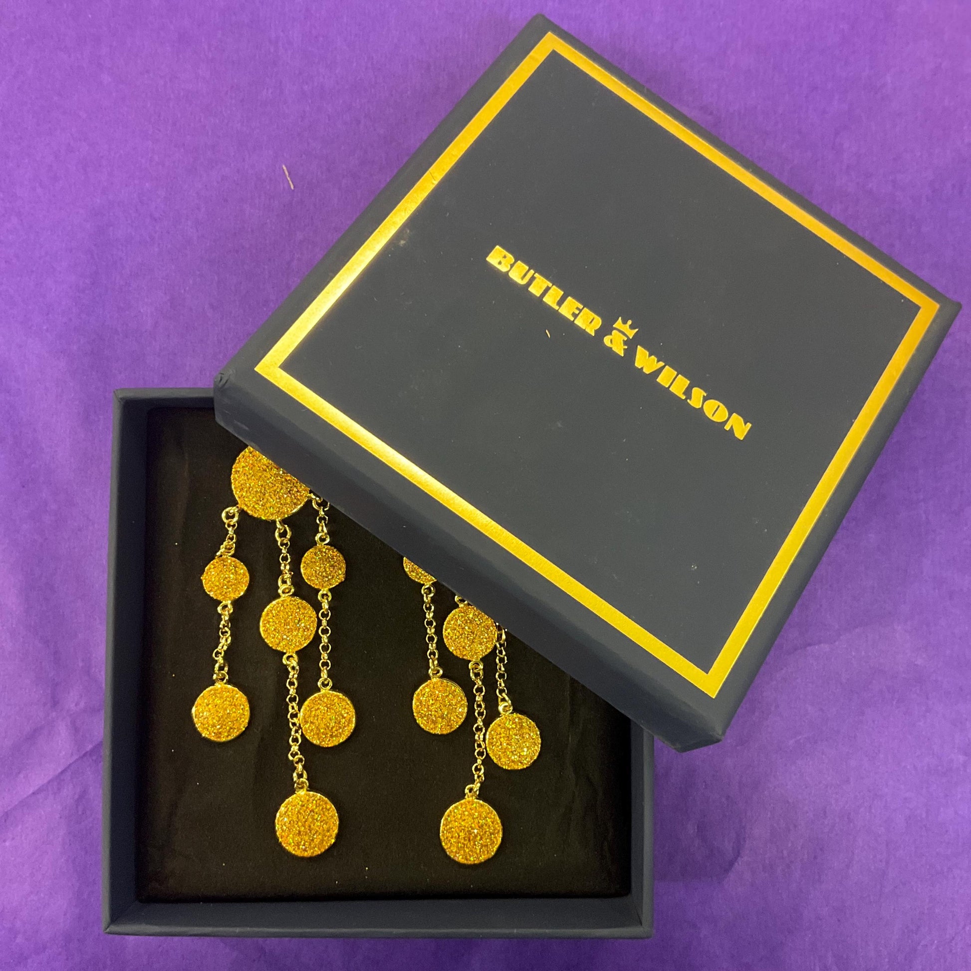 Vintage Butler and Wilson Gold Crystal Glitter Chandelier Drop Earrings, Gold Tone with Borealis Gold Glitter Enamel