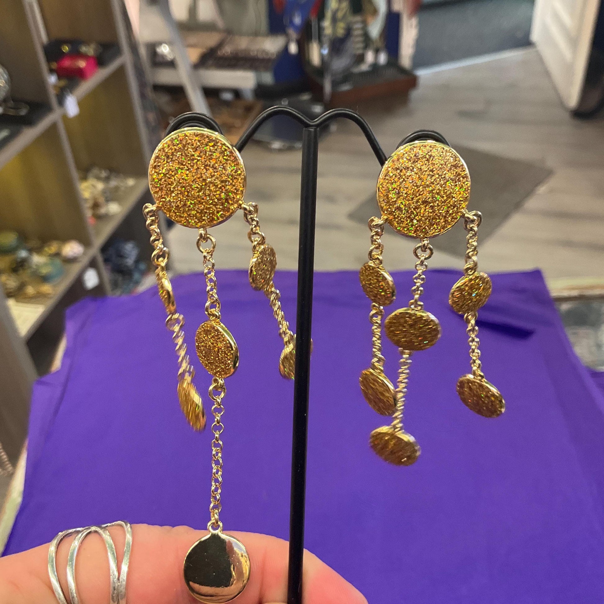 Vintage Butler and Wilson Gold Crystal Glitter Chandelier Drop Earrings, Gold Tone with Borealis Gold Glitter Enamel