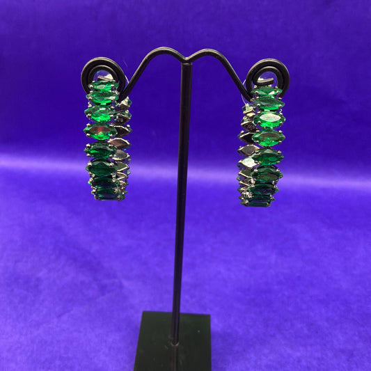 Vintage Butler and Wilson Green Crystal Hoop Earrings, Dark Pewter Tone with Deep Green Faceted Crystals