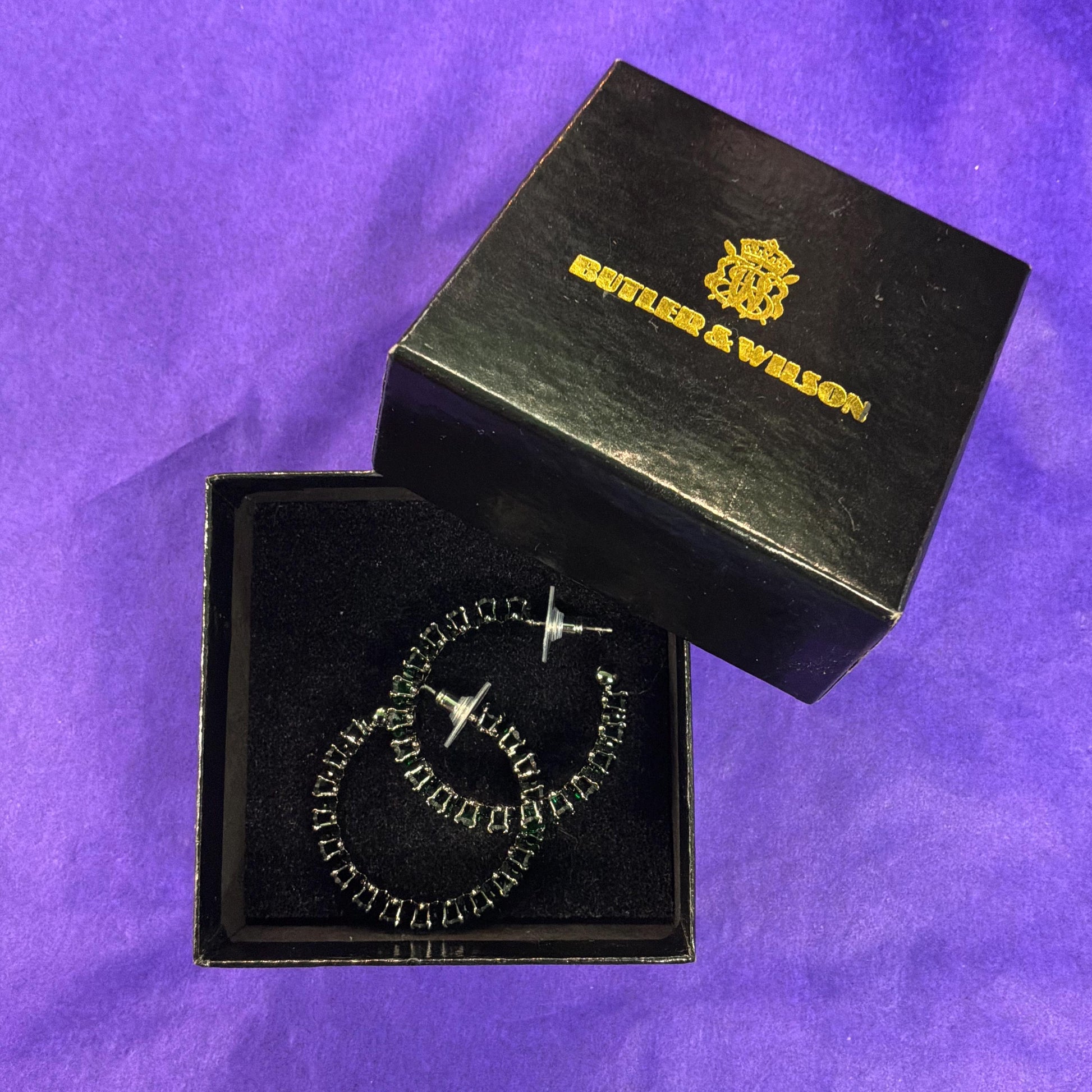 Vintage Butler and Wilson Green Crystal Hoop Earrings, Dark Pewter Tone with Deep Green Faceted Crystals