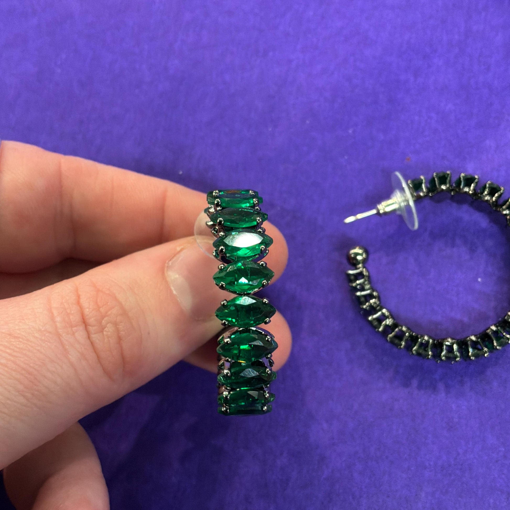 Vintage Butler and Wilson Green Crystal Hoop Earrings, Dark Pewter Tone with Deep Green Faceted Crystals