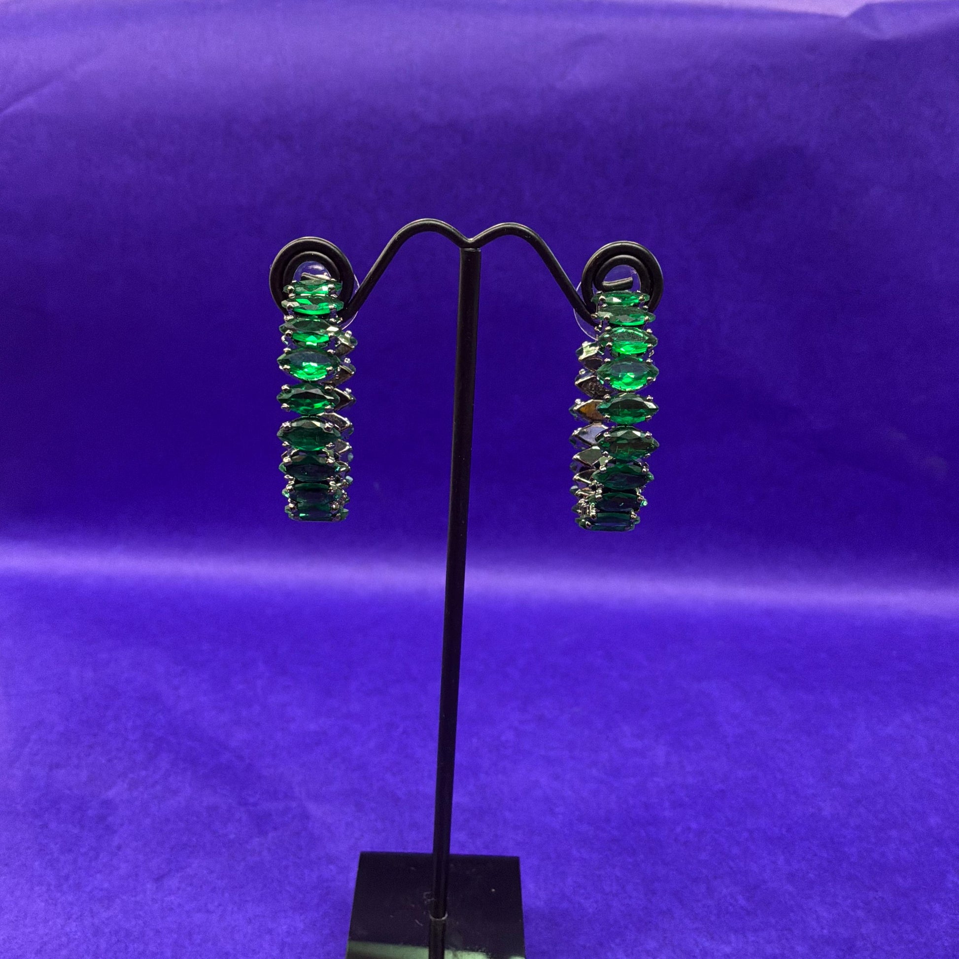 Vintage Butler and Wilson Green Crystal Hoop Earrings, Dark Pewter Tone with Deep Green Faceted Crystals