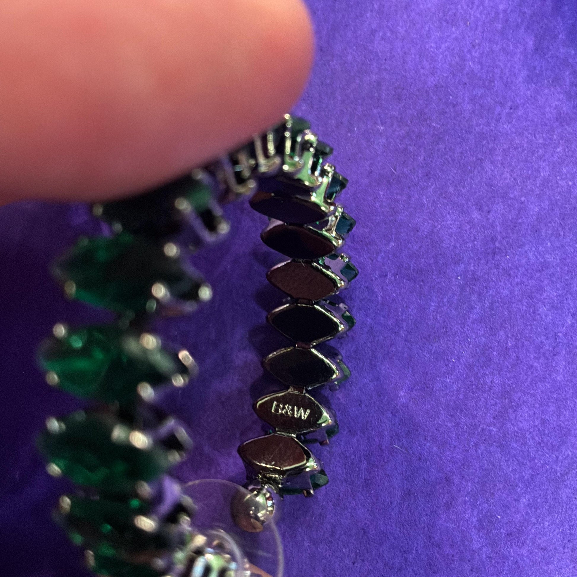 Vintage Butler and Wilson Green Crystal Hoop Earrings, Dark Pewter Tone with Deep Green Faceted Crystals