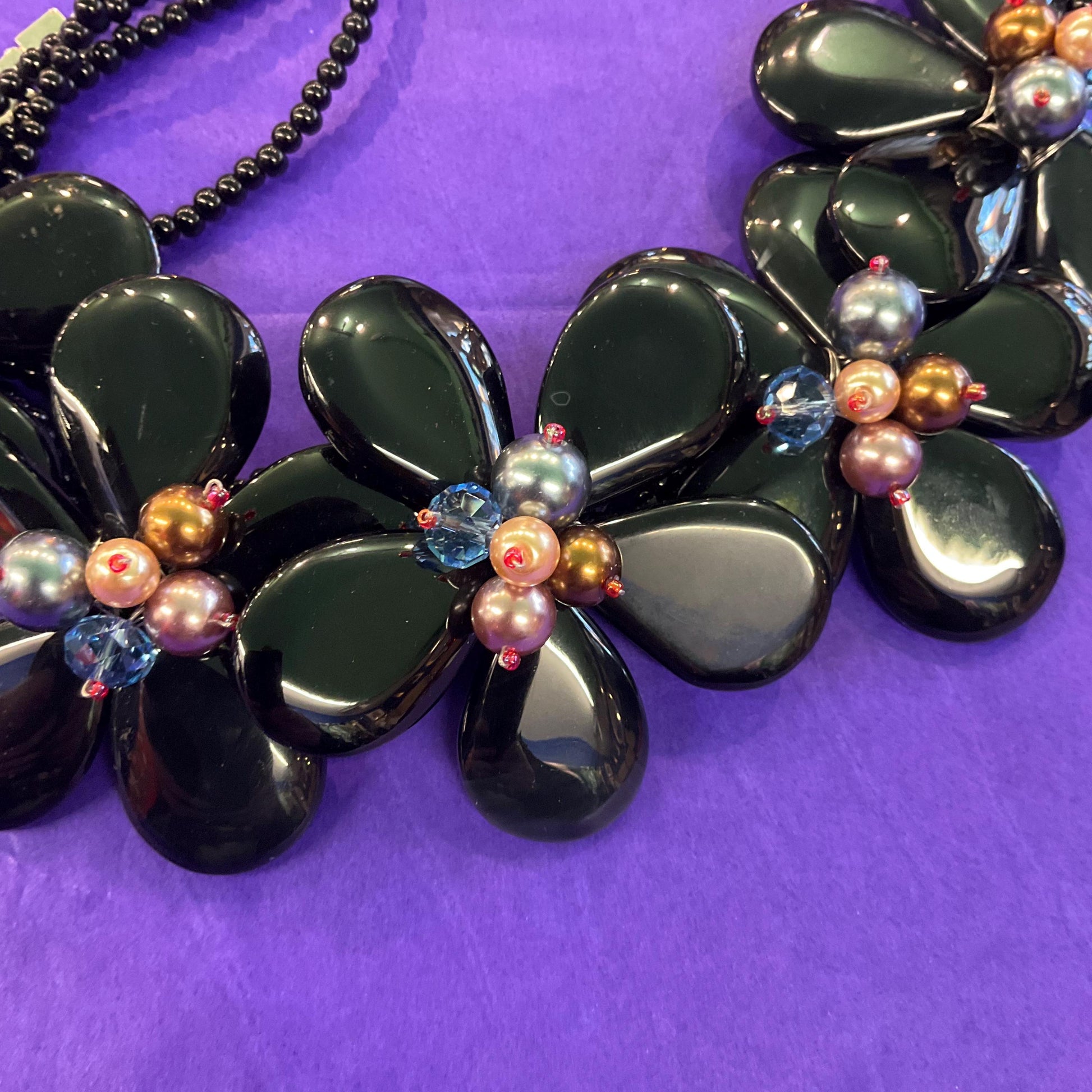 Vintage Butler and Wilson Statement Black crystal Floral Necklace with faux pearl and beaded clusters