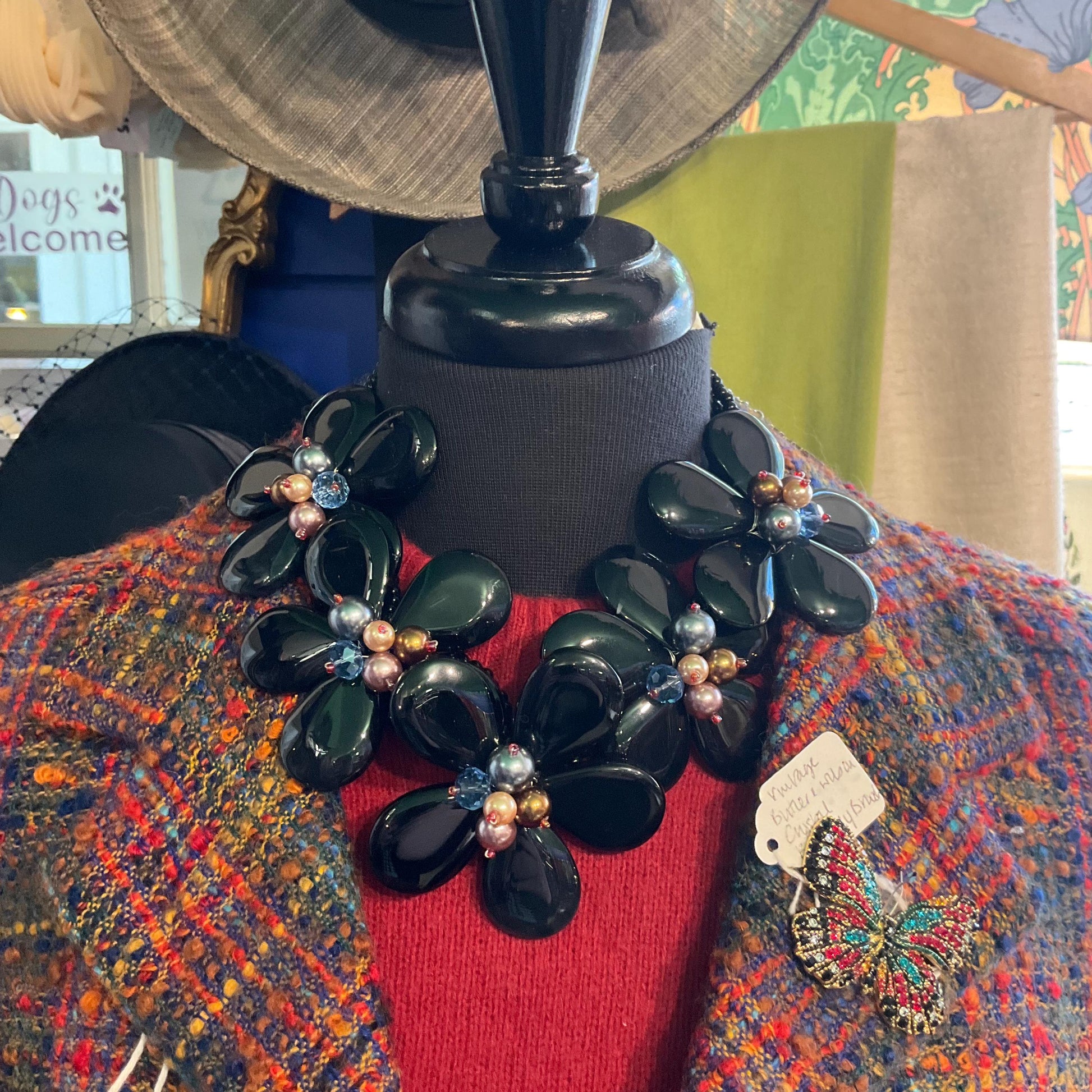 Vintage Butler and Wilson Statement Black crystal Floral Necklace with faux pearl and beaded clusters