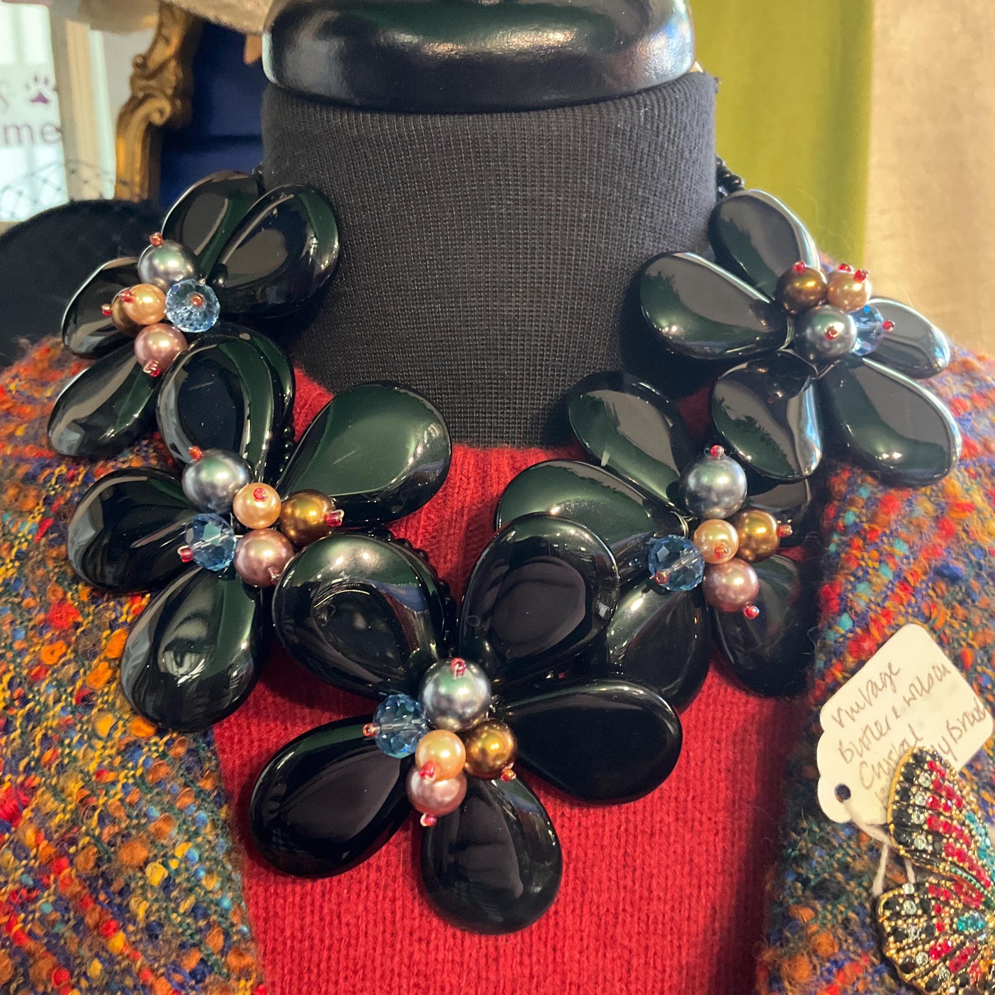Vintage Butler and Wilson Statement Black crystal Floral Necklace with faux pearl and beaded clusters