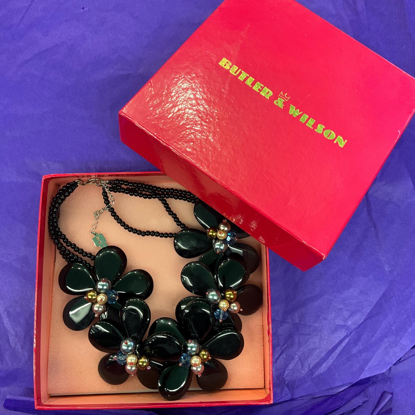 Vintage Butler and Wilson Statement Black crystal Floral Necklace with faux pearl and beaded clusters
