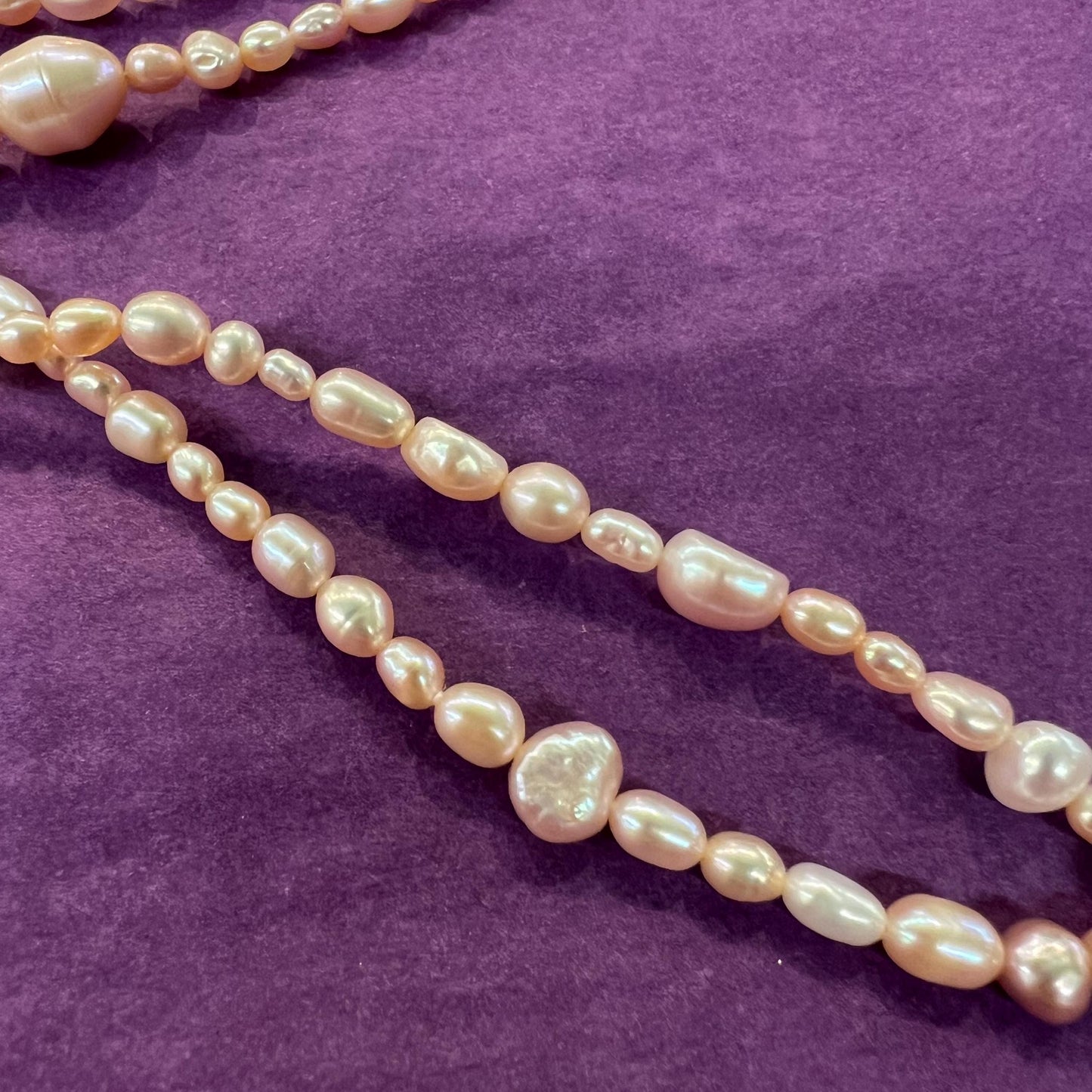 Vintage Fresh Water Pearl Flapper Length Pale Pink/ Oyster Beads , organic rice shaped and circular pearls