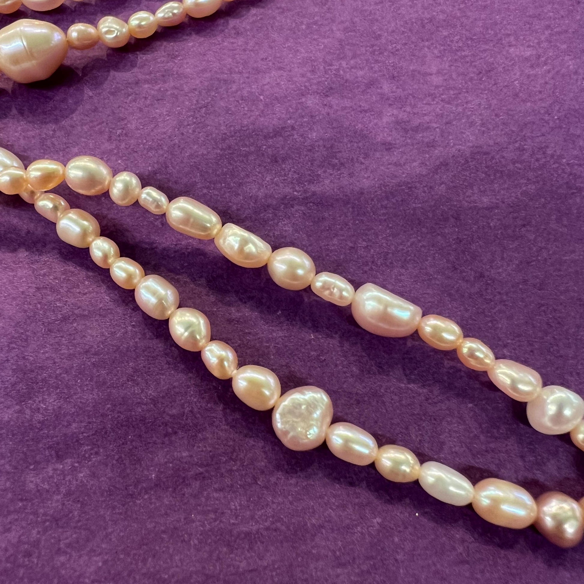 Vintage Fresh Water Pearl Flapper Length Pale Pink/ Oyster Beads , organic rice shaped and circular pearls