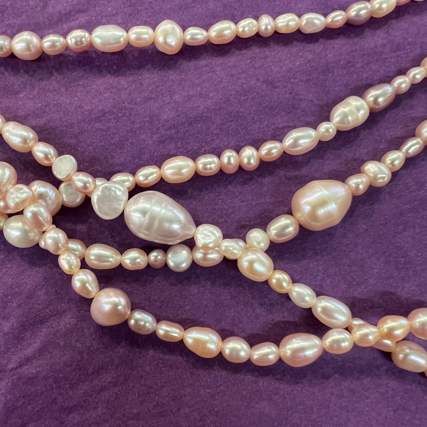Vintage Fresh Water Pearl Flapper Length Pale Pink/ Oyster Beads , organic rice shaped and circular pearls