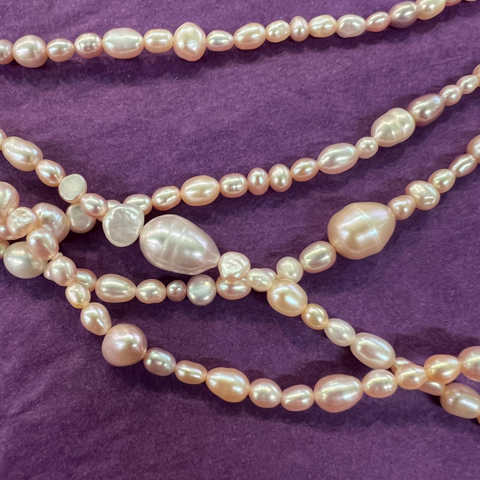 Vintage Fresh Water Pearl Flapper Length Pale Pink/ Oyster Beads , organic rice shaped and circular pearls