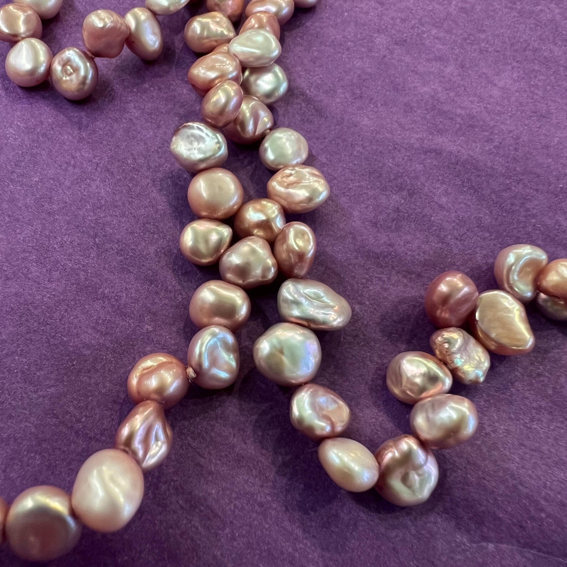 Vintage Flapper Length Pink Fresh Water Pearl Necklace , organic nugget shaped pearls