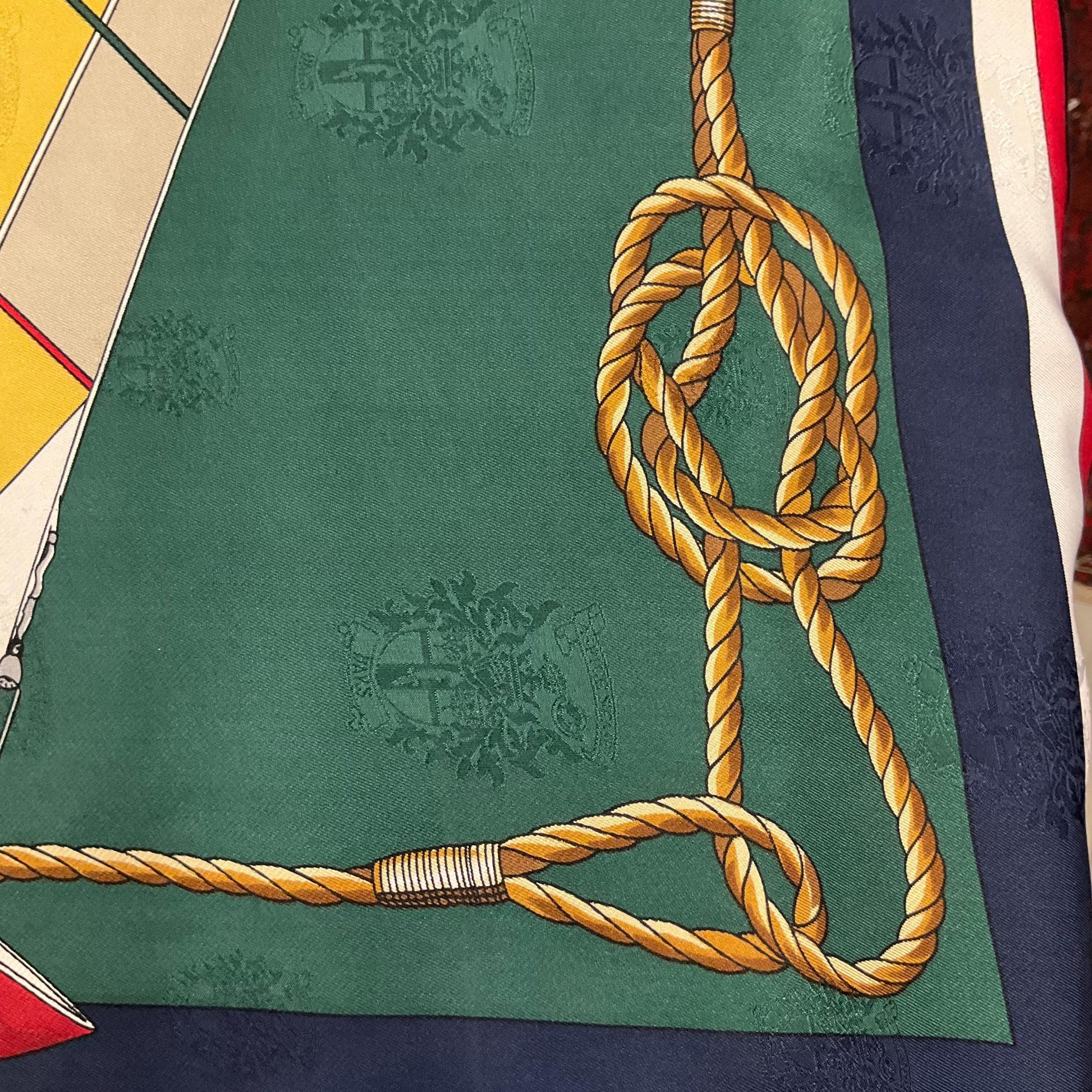 Vintage DAKS Signature Large Pure Silk Nautical Scarf in shades of Red, Green, Blue, Yellow, and Cream