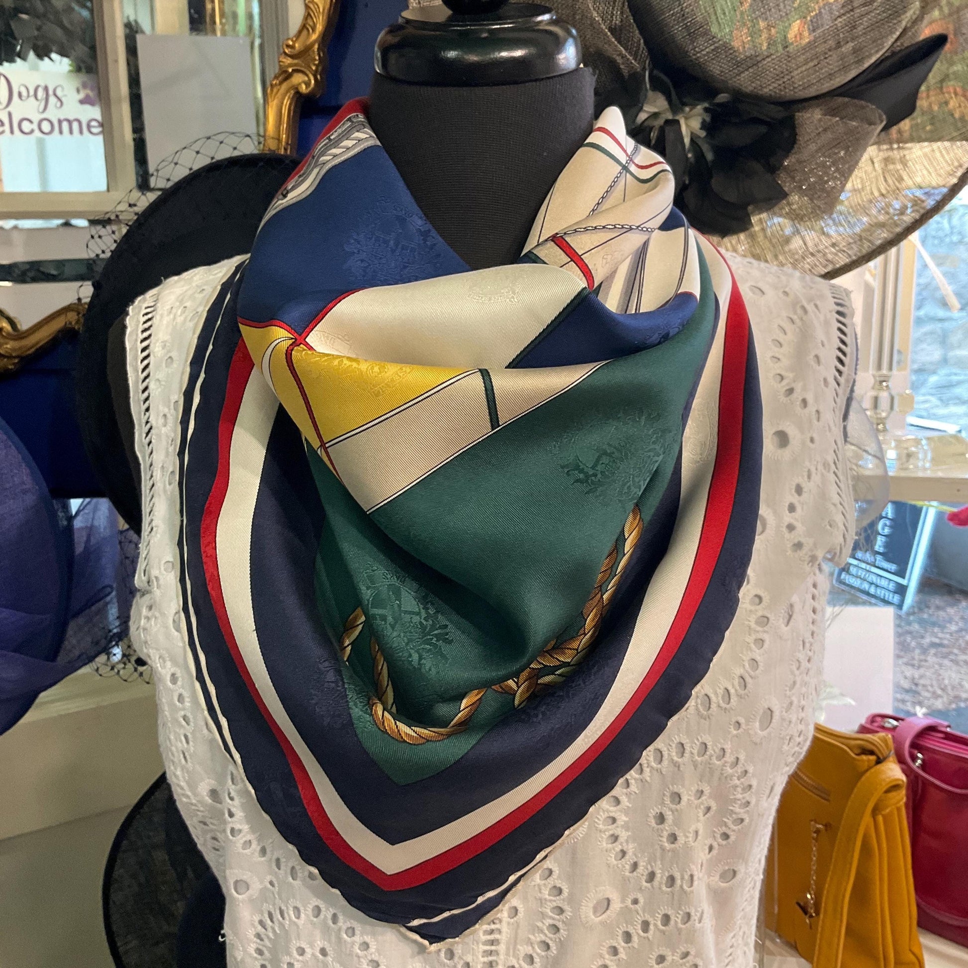 Vintage DAKS Signature Large Pure Silk Nautical Scarf in shades of Red, Green, Blue, Yellow, and Cream