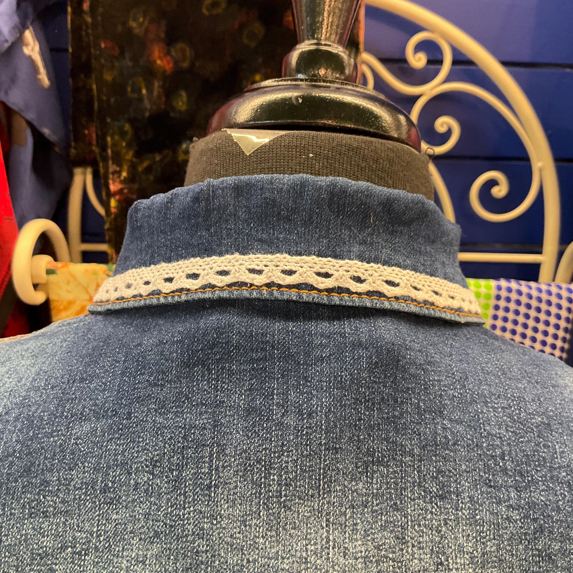 Unique Upcycled Vintage Principles Dark Denim Jacket with Handsewn Lace Embellishments, UK size 12/14