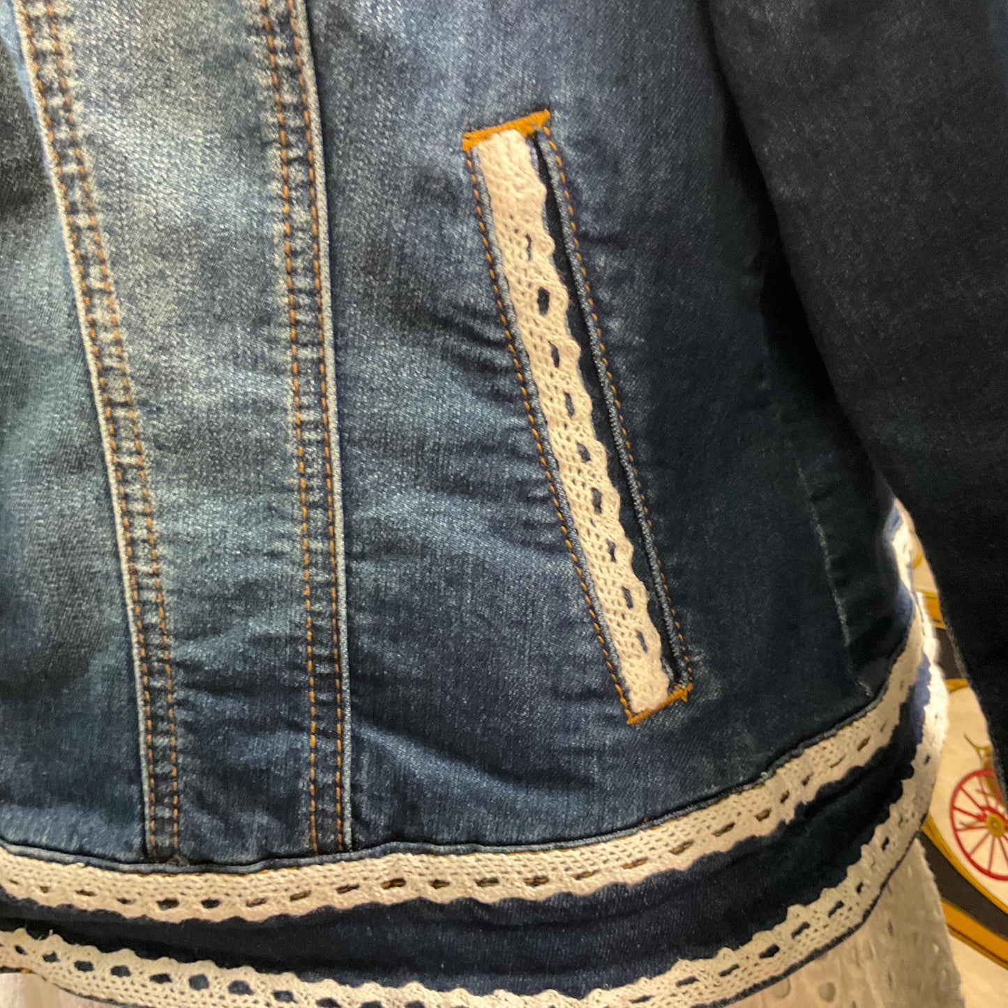 Unique Upcycled Vintage Principles Dark Denim Jacket with Handsewn Lace Embellishments, UK size 12/14
