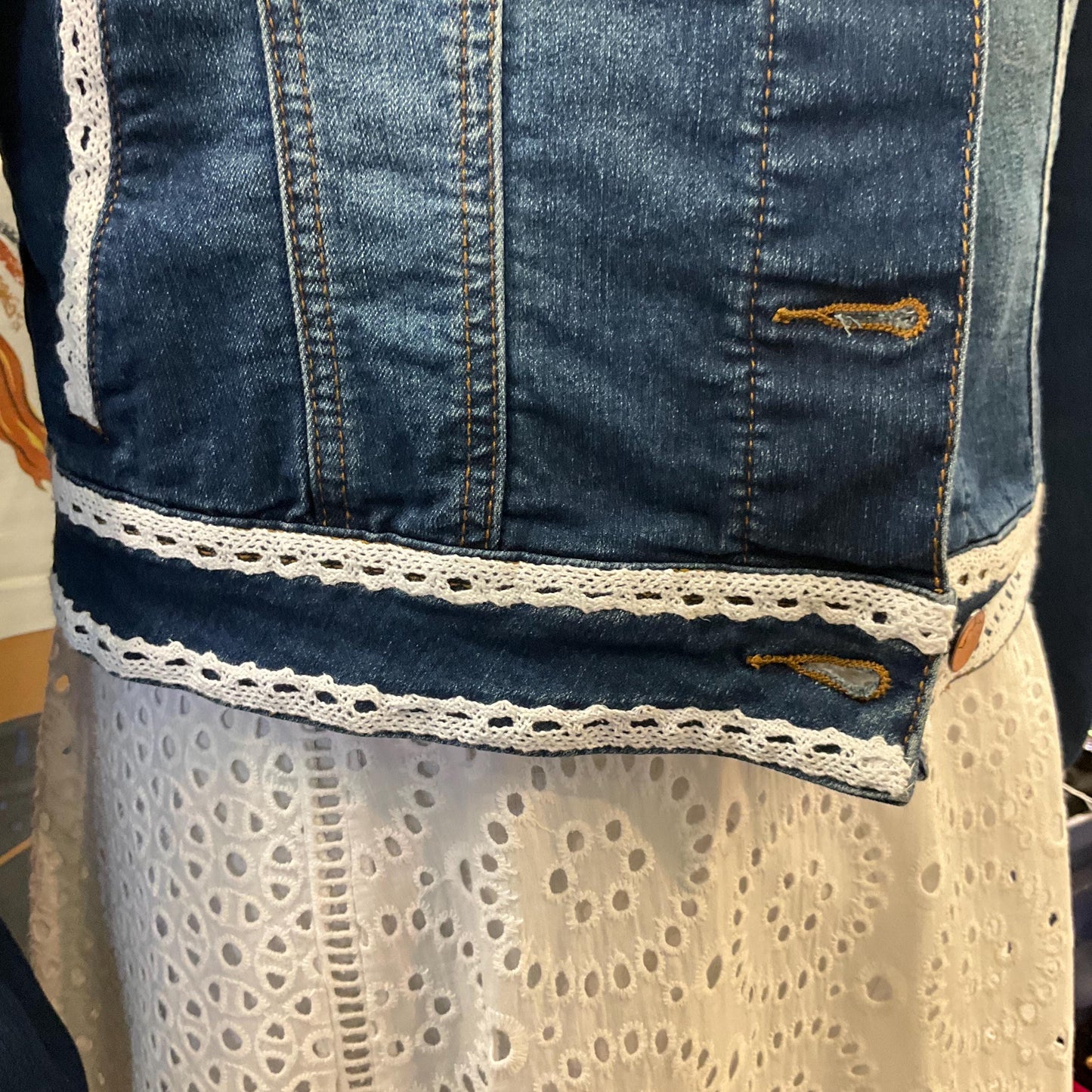 Unique Upcycled Vintage Principles Dark Denim Jacket with Handsewn Lace Embellishments, UK size 12/14
