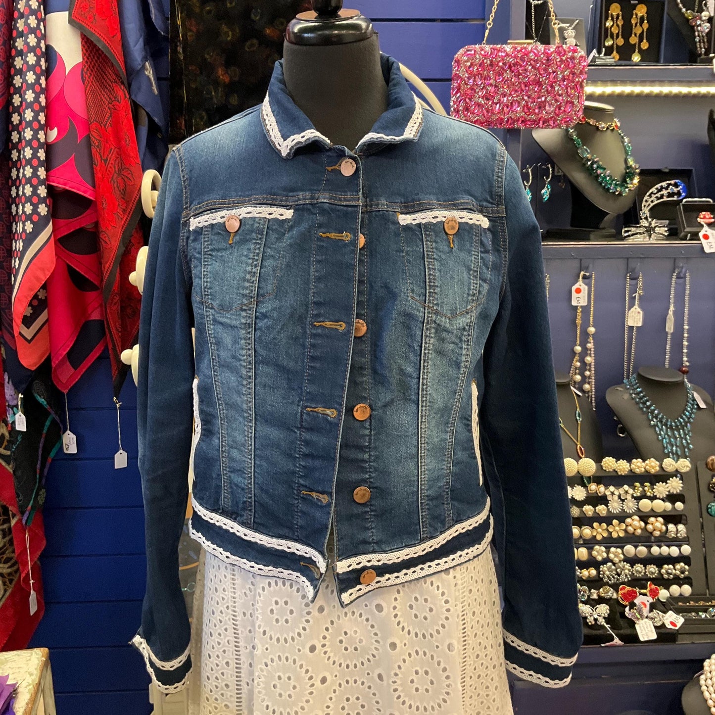 Unique Upcycled Vintage Principles Dark Denim Jacket with Handsewn Lace Embellishments, UK size 12/14
