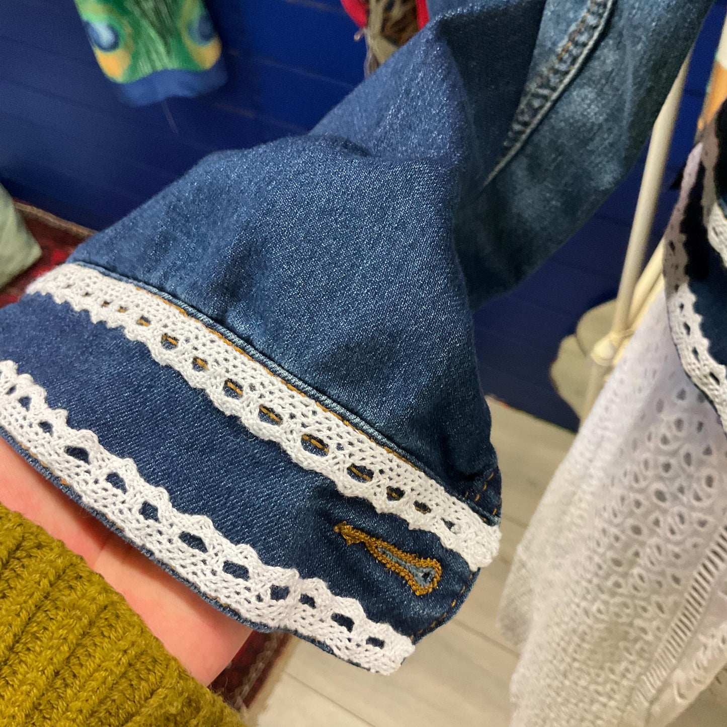 Unique Upcycled Vintage Principles Dark Denim Jacket with Handsewn Lace Embellishments, UK size 12/14