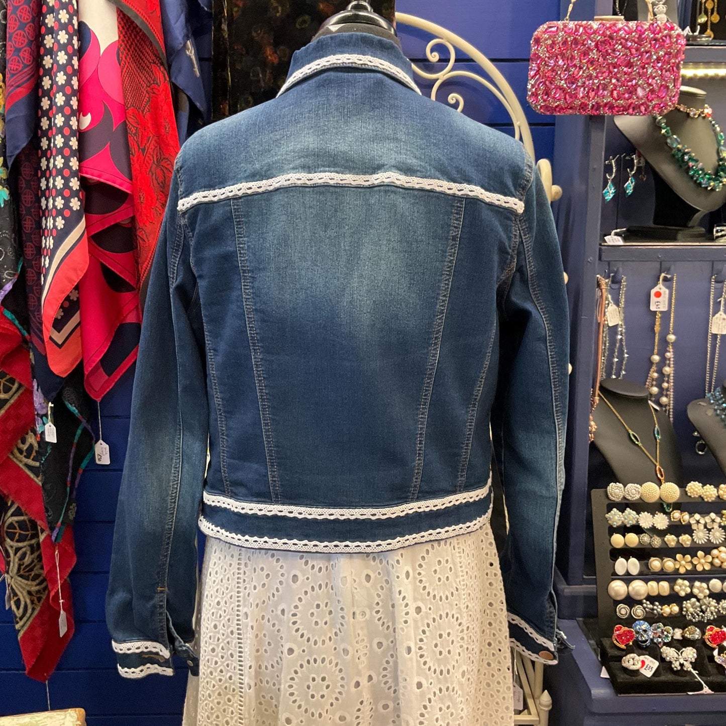 Unique Upcycled Vintage Principles Dark Denim Jacket with Handsewn Lace Embellishments, UK size 12/14